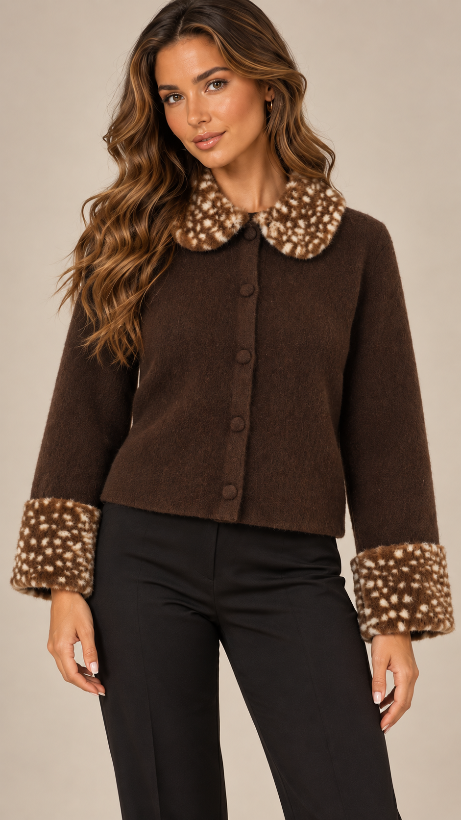 Brigida Fawn-Collar Cardigan — Coffee model front
