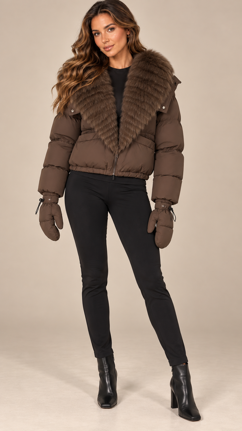 Anastasia Fox-Stole Hooded Puffer — Coffee model front