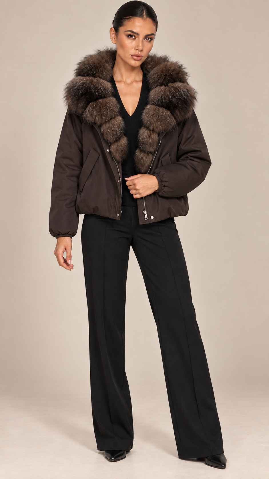 Seraphine Fur-Collar Puffer — Coffee model front