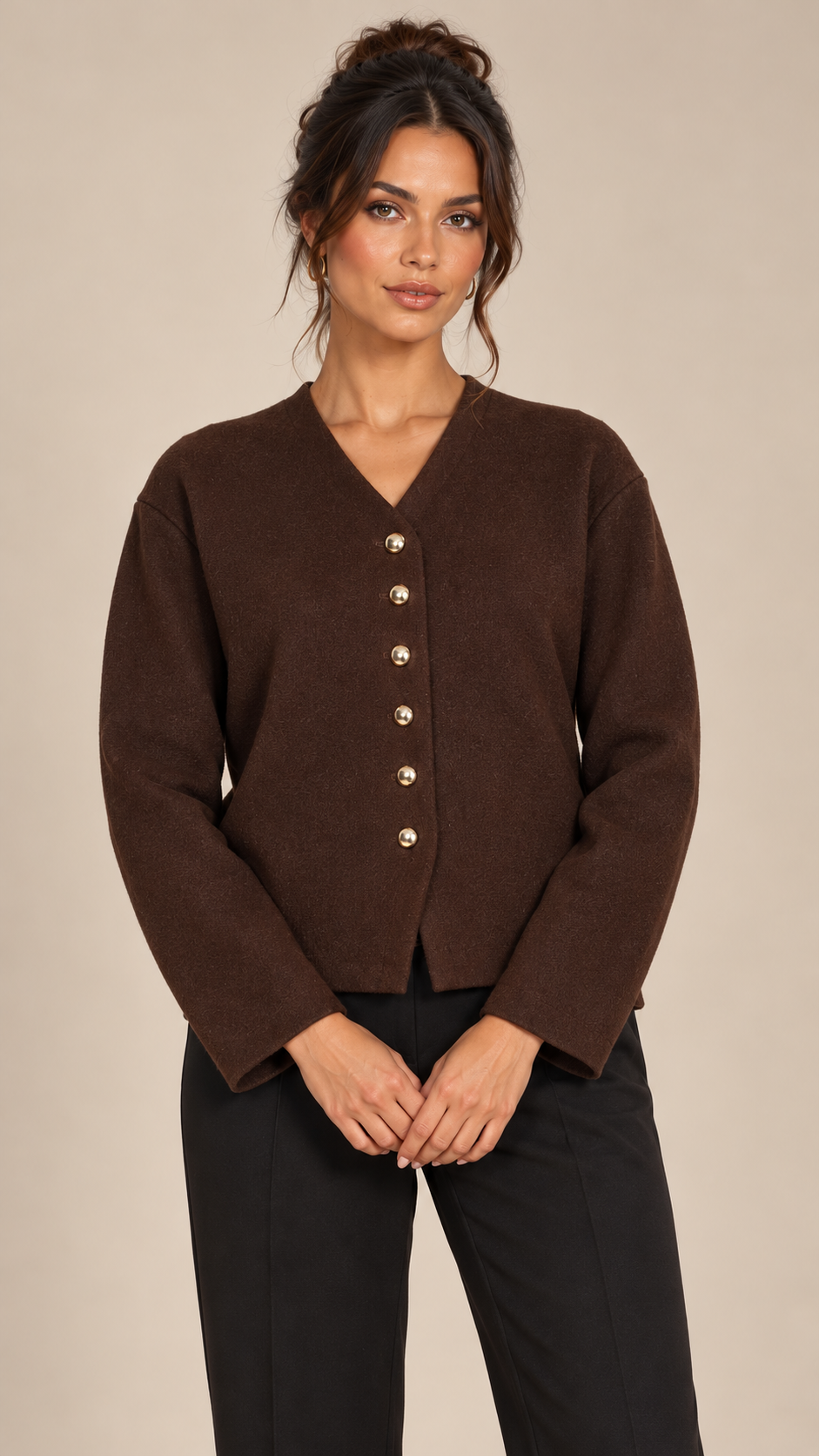 Adelaide Shank-Button Cardigan — Coffee model front