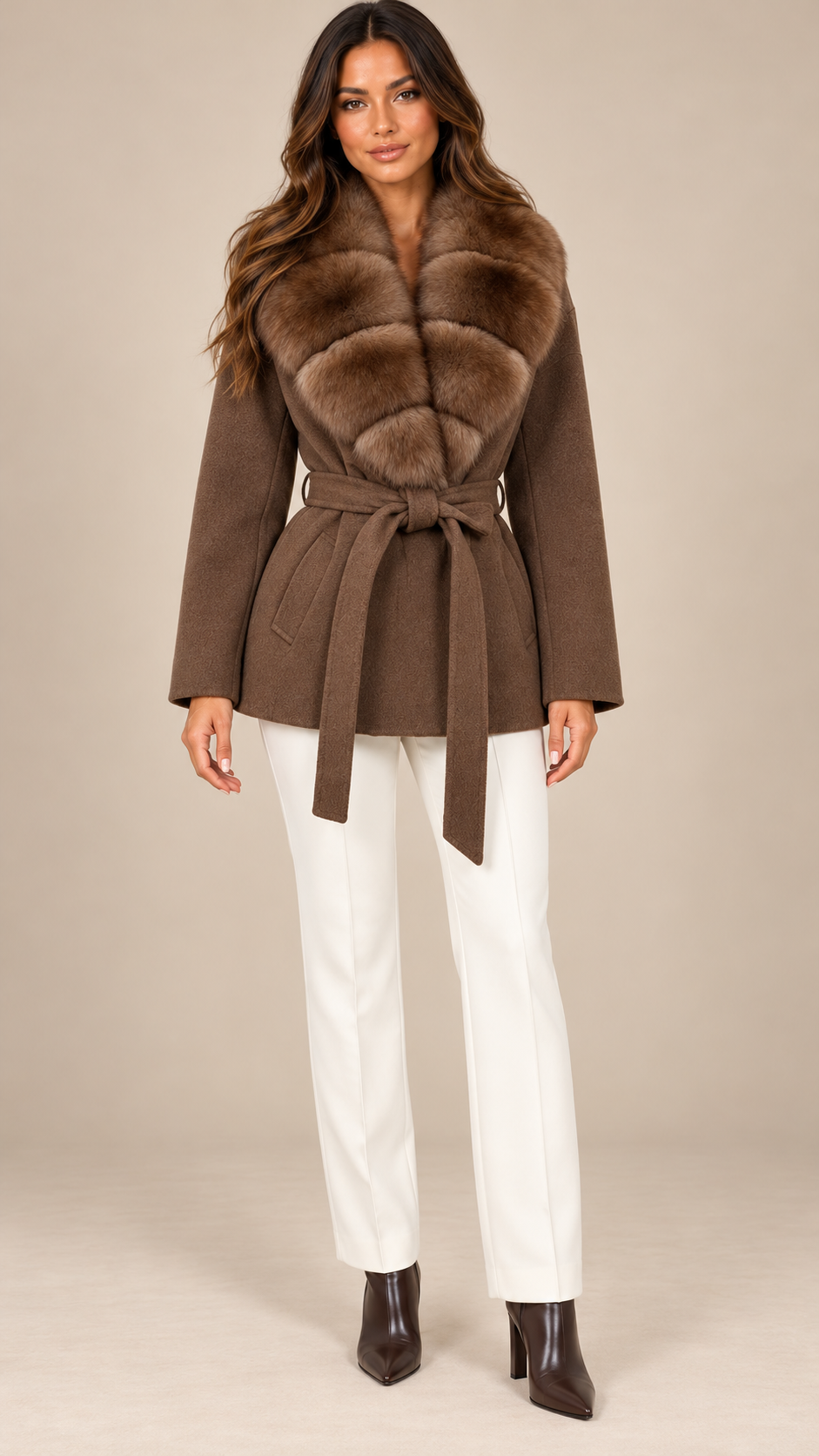 Katja Ruff-Collar Coat — Coffee model front