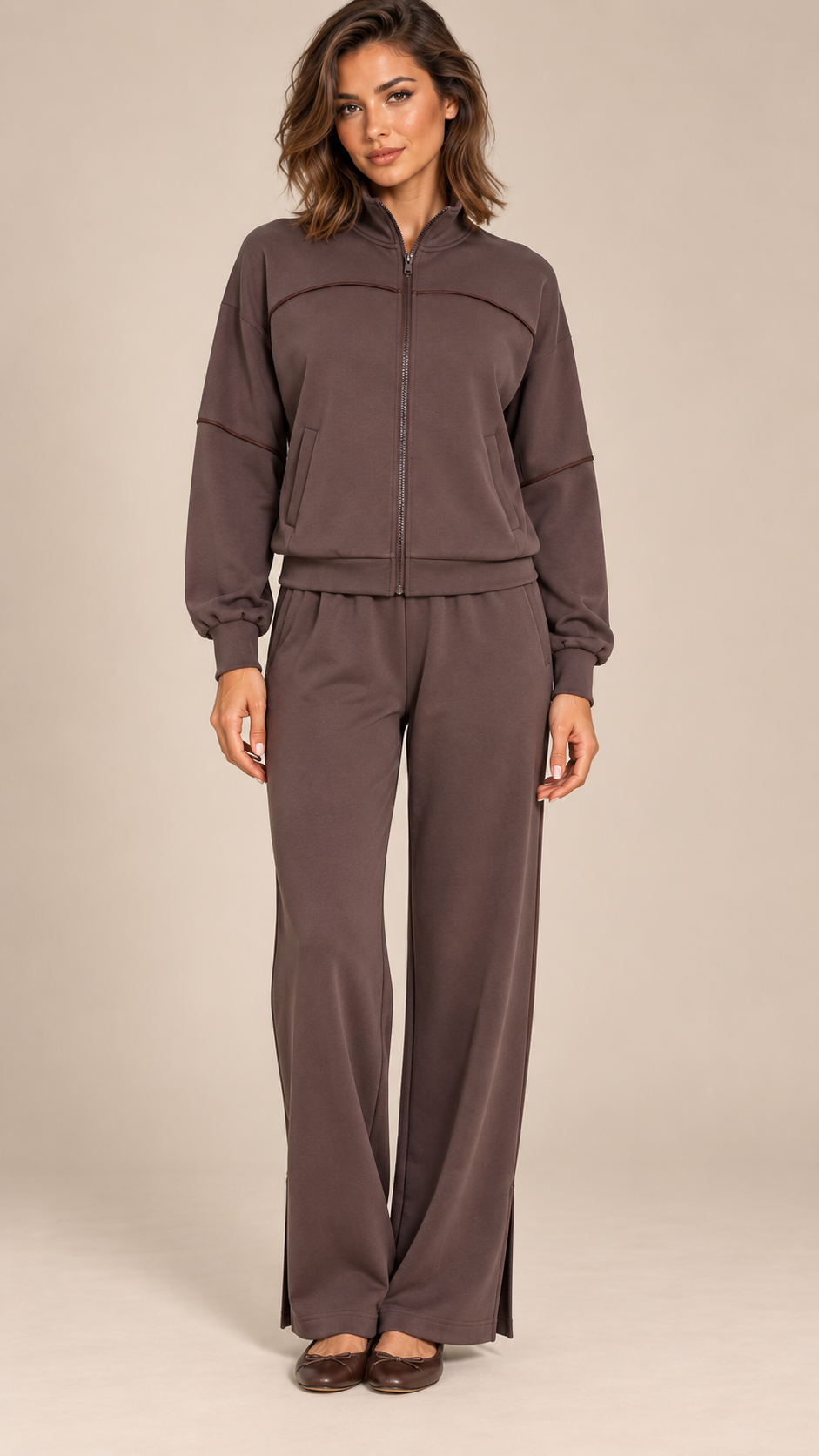 Saoirse Split-Hem Track Set — Coffee model front