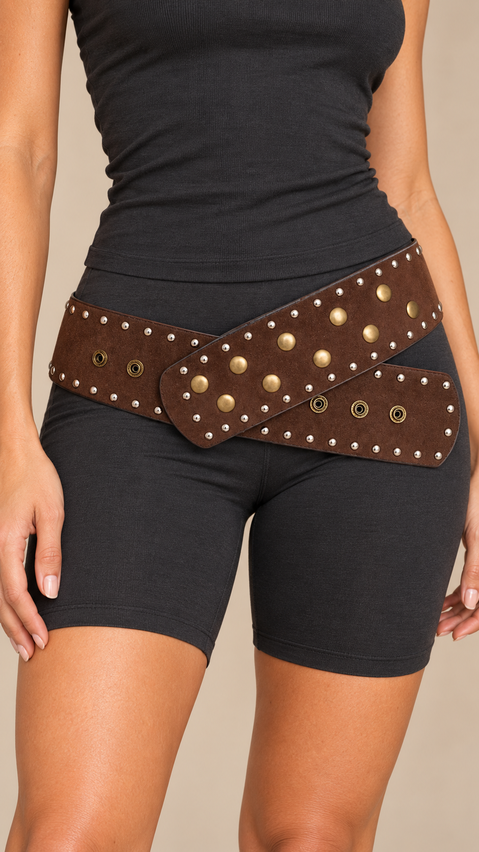 Rosaria Crossover Belt — Coffee worn closeup