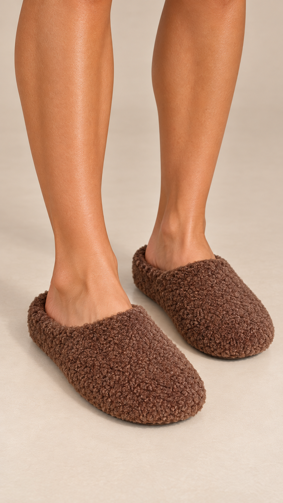 Gisella Teddy-Fleece Mule — Coffee worn closeup