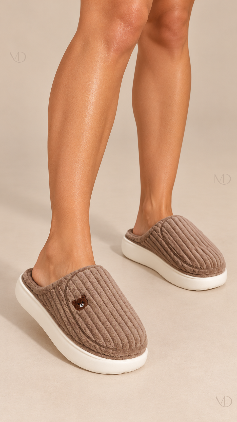 Mirren Corduroy Slippers — Coffee worn closeup