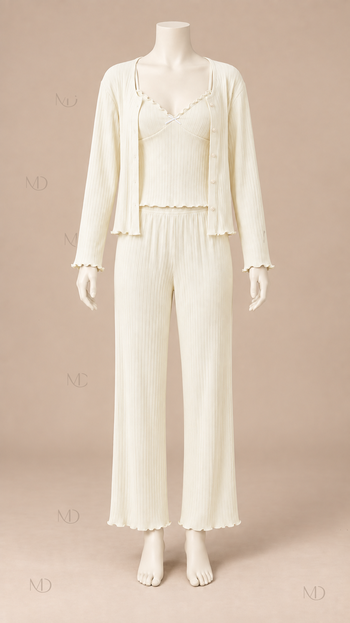 Elowen Knit Three-Piece Pajama Set — Cream mannequin front