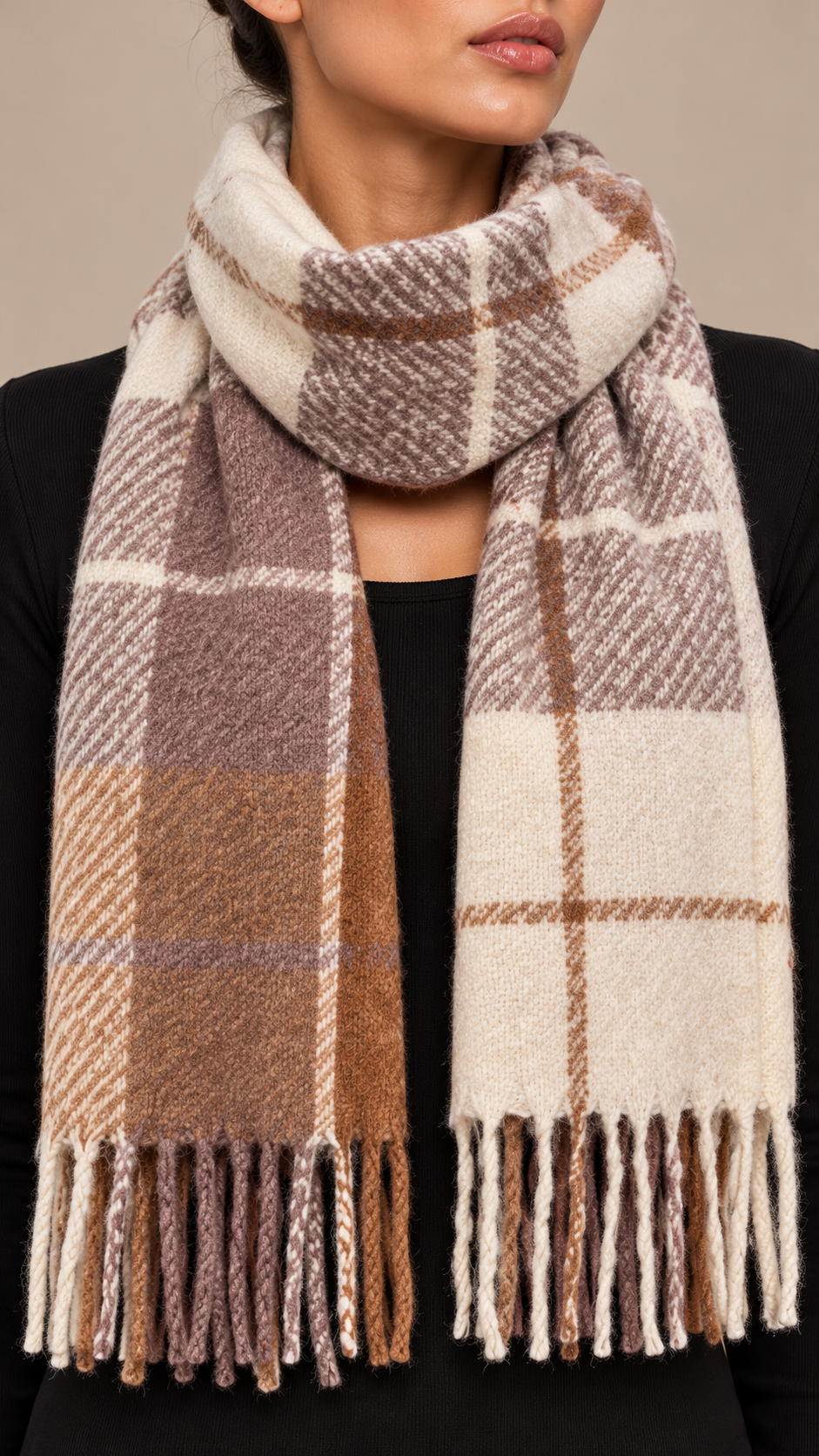 Elvira Tartan Scarf — Cream worn closeup