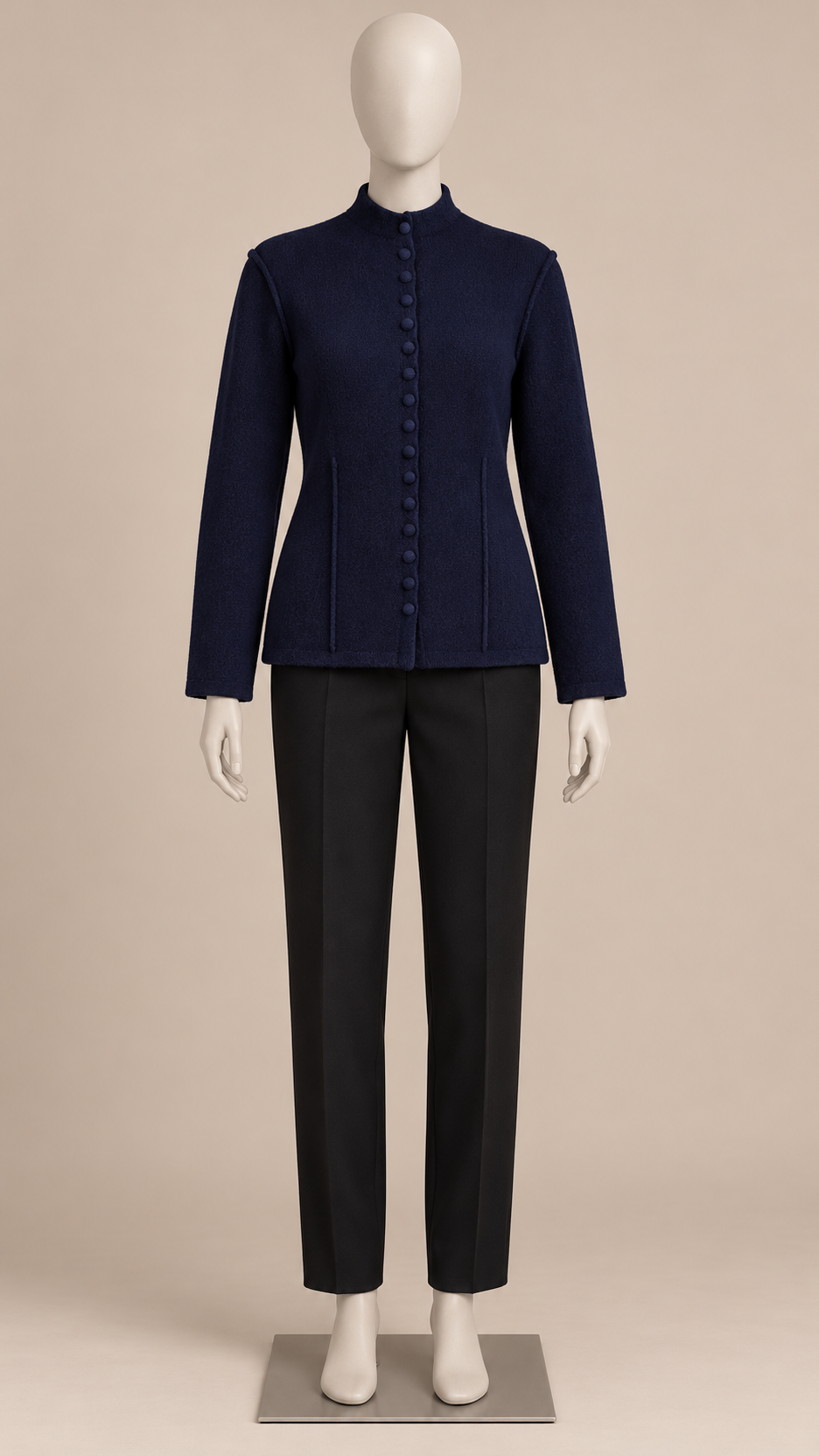 Ophelia Covered-Button Cardigan — Dark Blue mannequin front