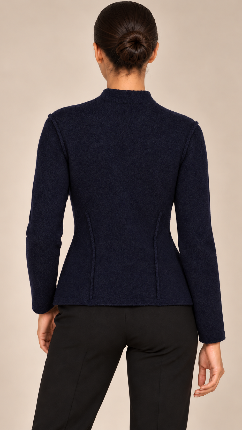 Ophelia Covered-Button Cardigan — Dark Blue model back