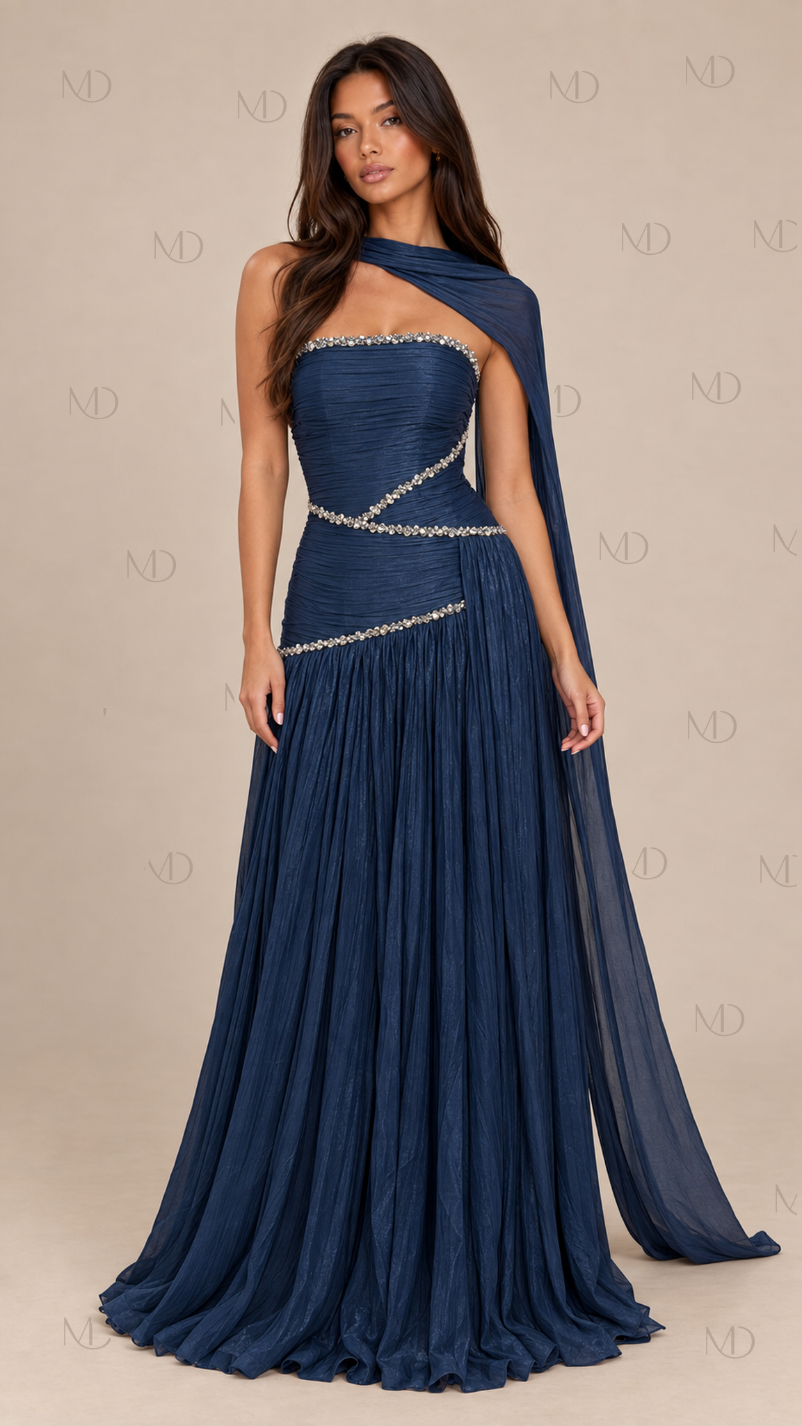 Athena Pleated Cape Maxi Dress — Dark Blue model front