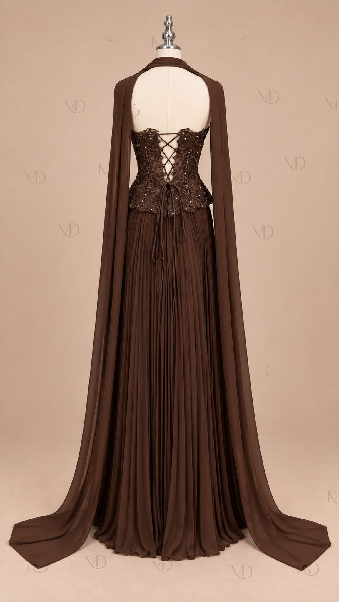 Delphine Beaded Corset Skirt Set — Dark Brown mannequin back