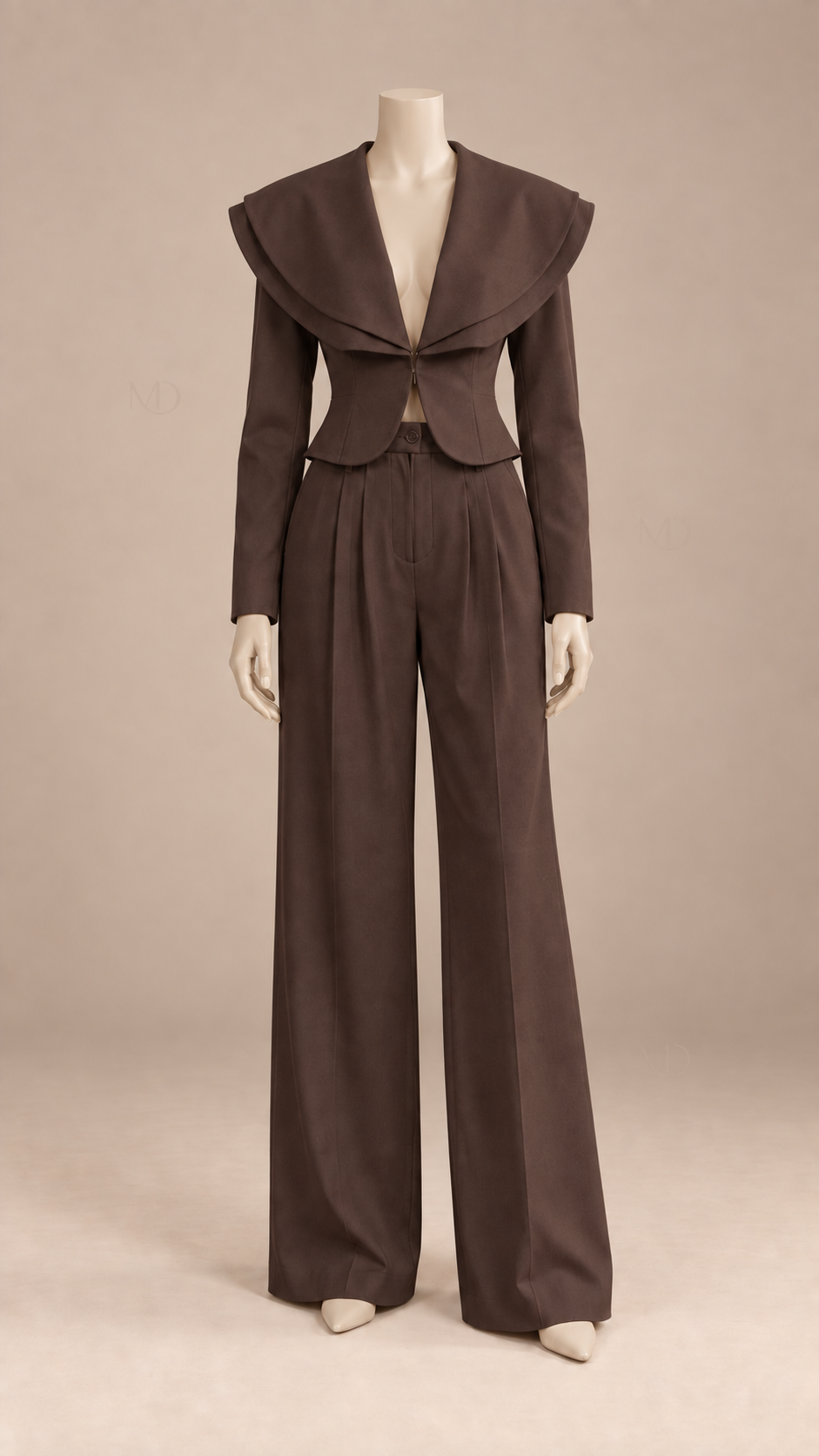 Celeste Wide-Lapel Suit Set — Dark Brown mannequin front