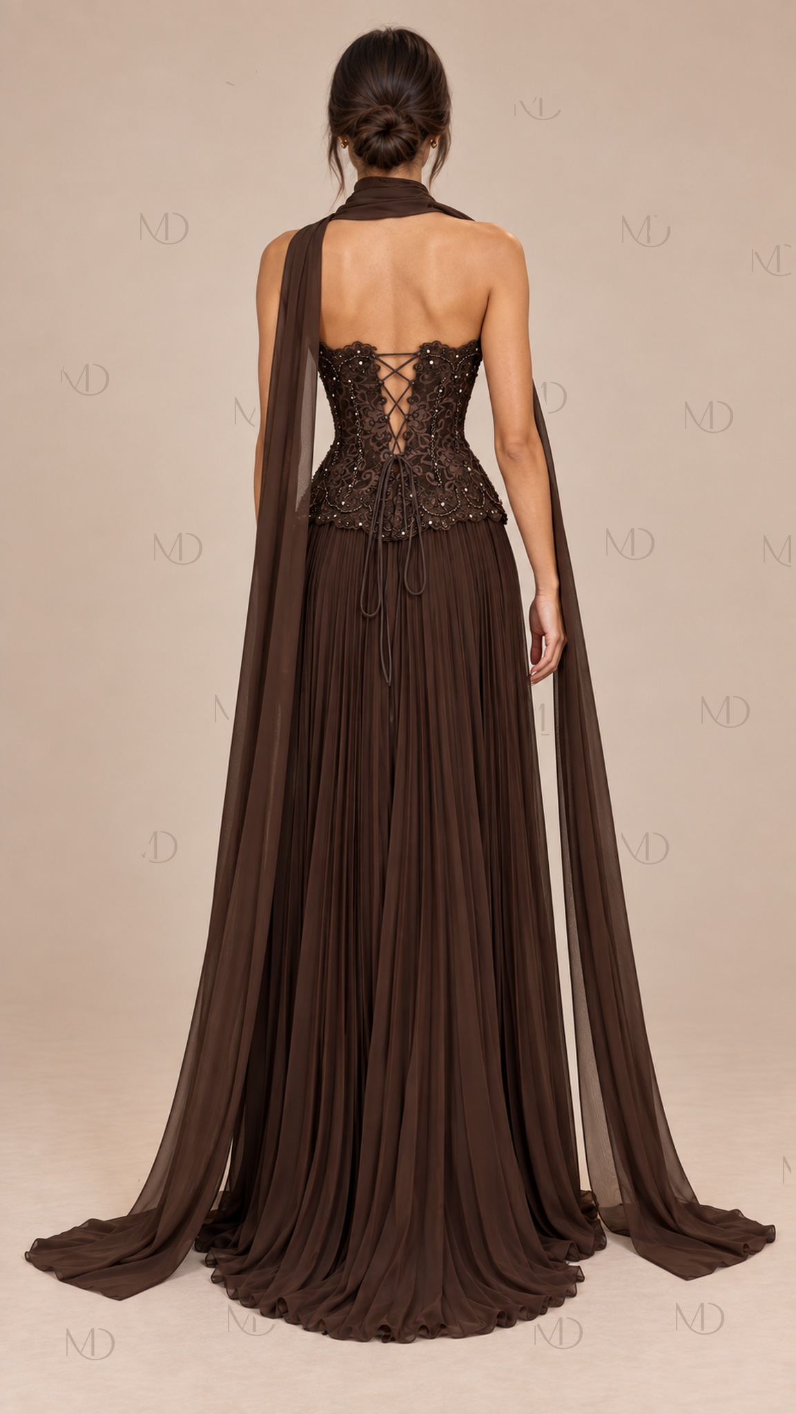 Delphine Beaded Corset Skirt Set — Dark Brown model back