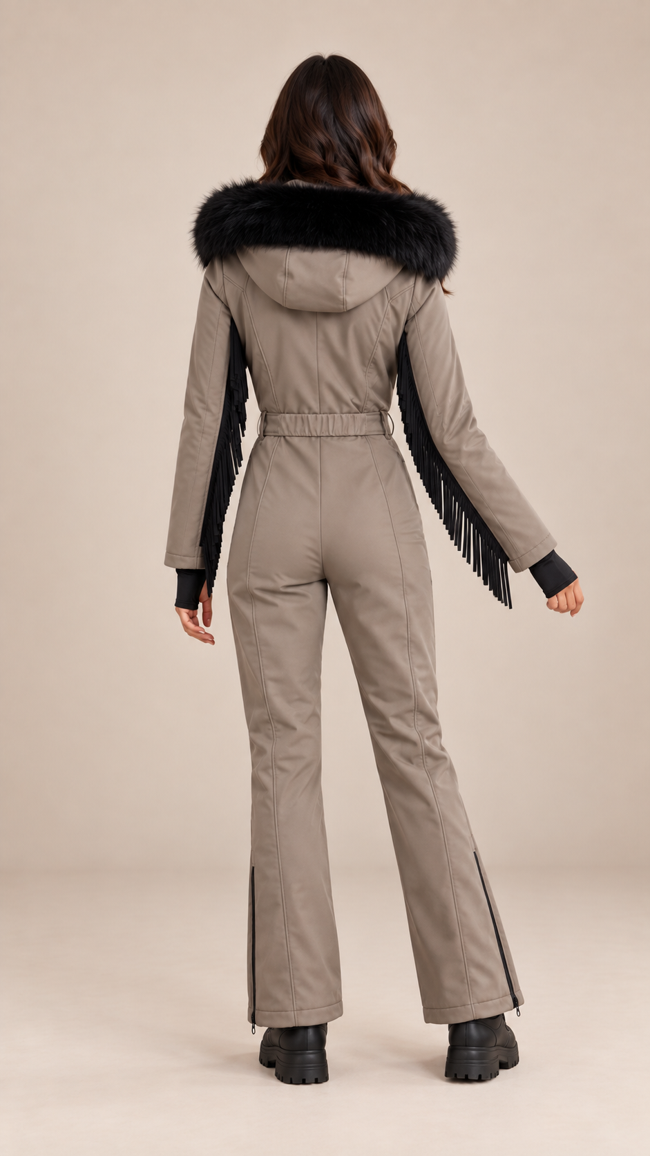 Aspen Fringed Ski Suit — Dark Brown model back