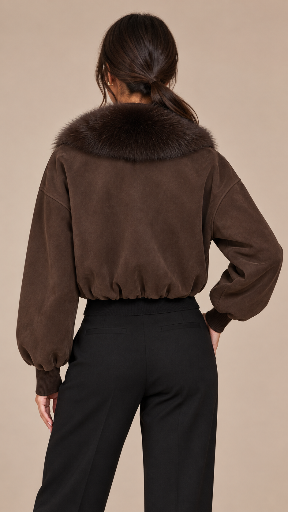 Ines Fox Fur Moto Jacket — Dark Brown model back