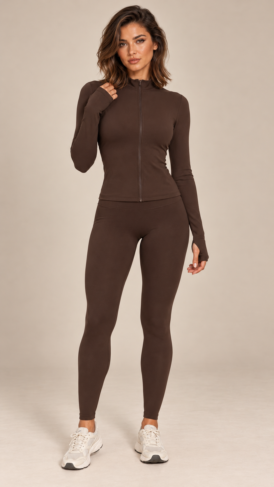 Kalinda Thumbhole Active Set — Dark Brown model front