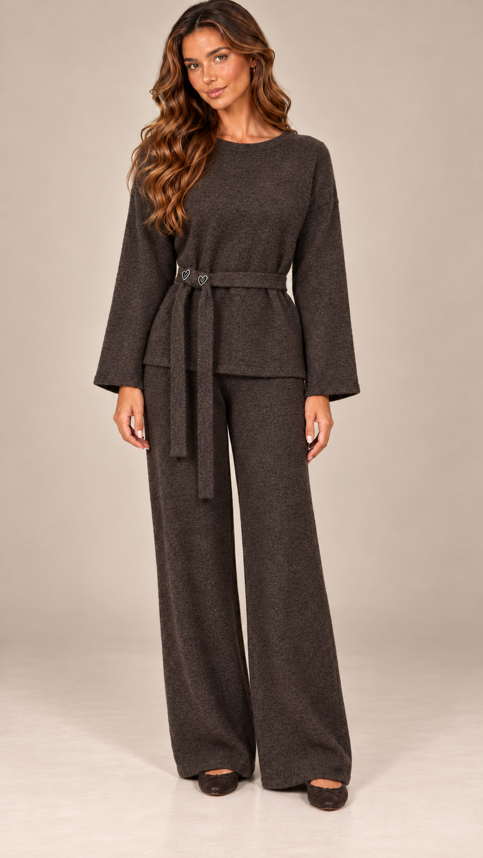 Imogen Belted Knit Set — Dark Brown model front