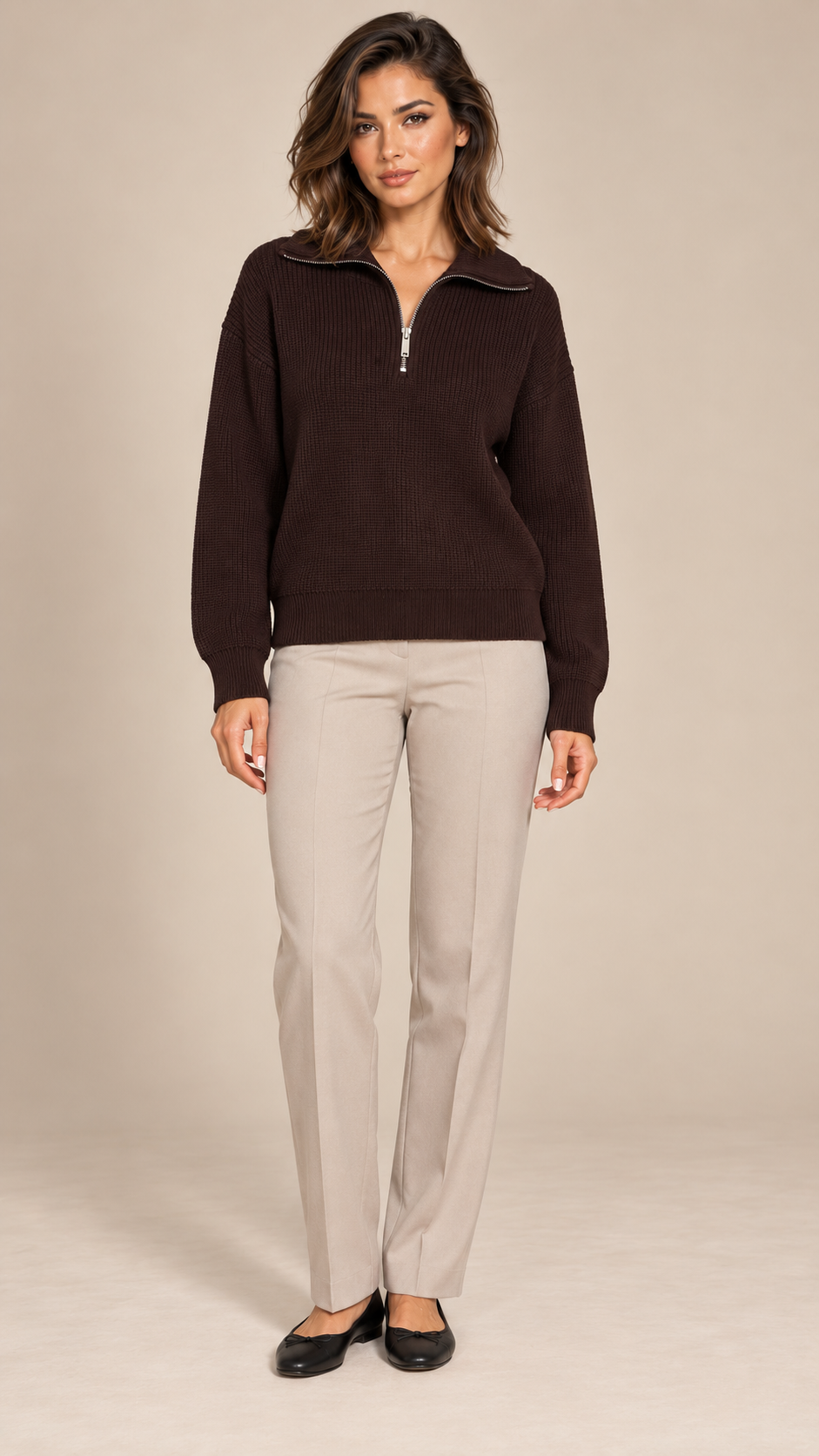 Isadora Half-Zip Sweater — Dark Brown model front