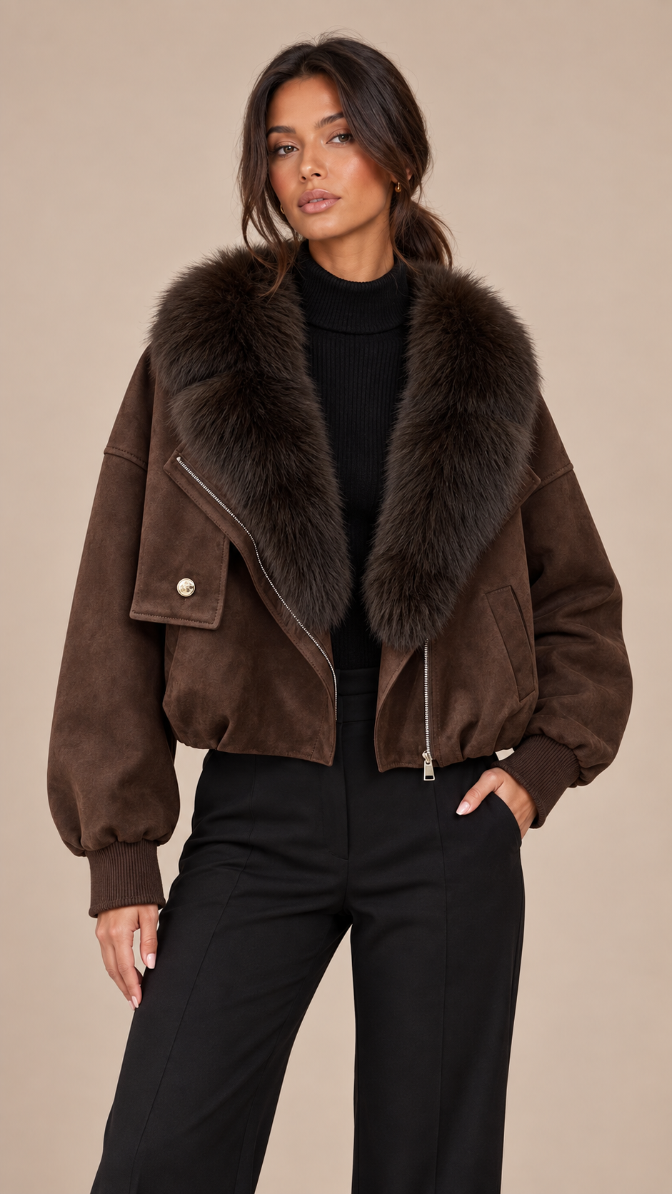 Ines Fox Fur Moto Jacket — Dark Brown model front