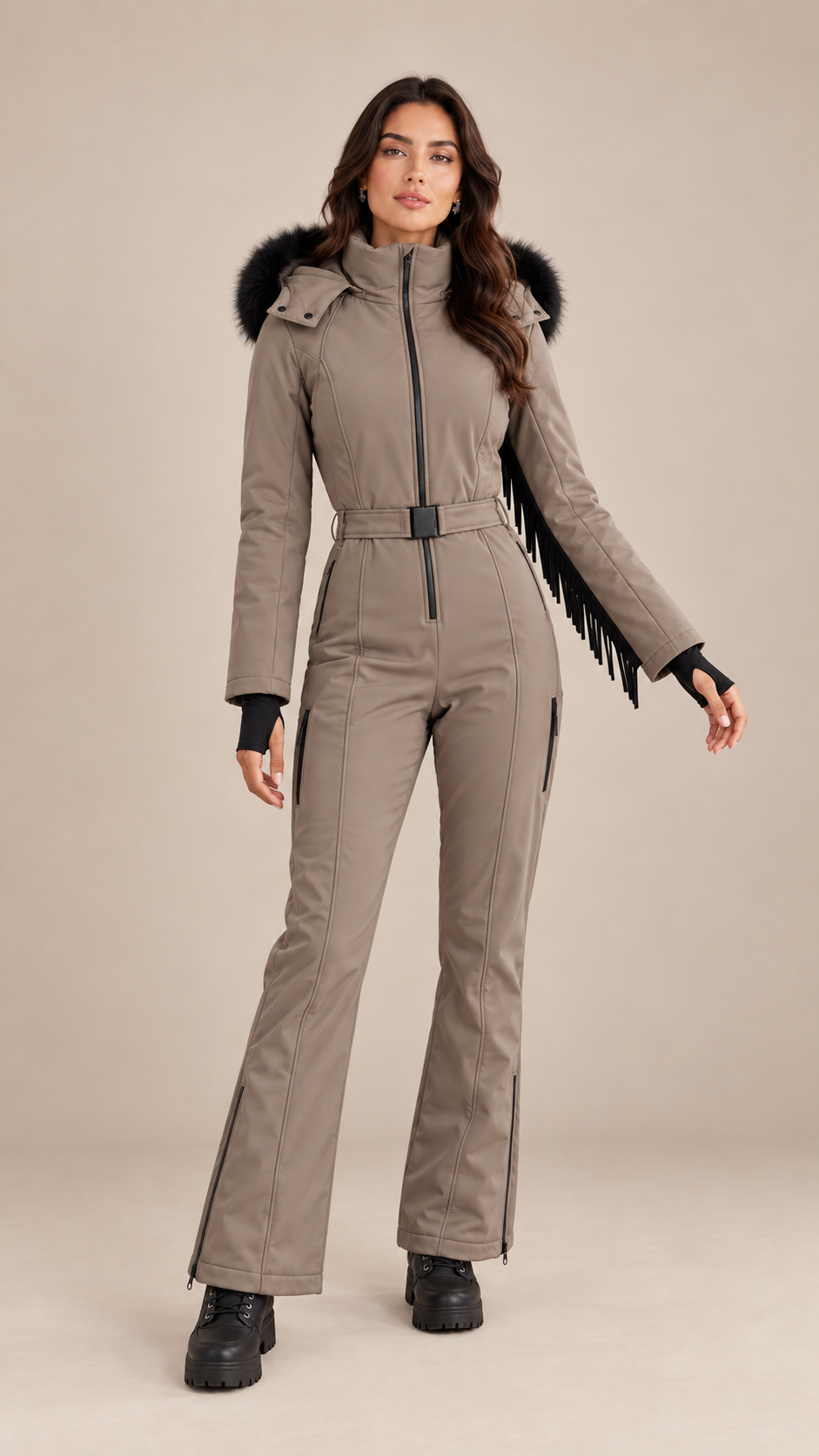 Aspen Fringed Ski Suit — Dark Brown model front