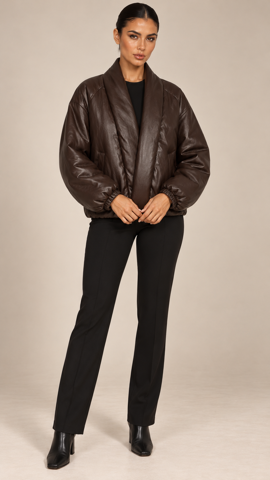 Leonora Drape-Collar Bomber — Dark Brown model front
