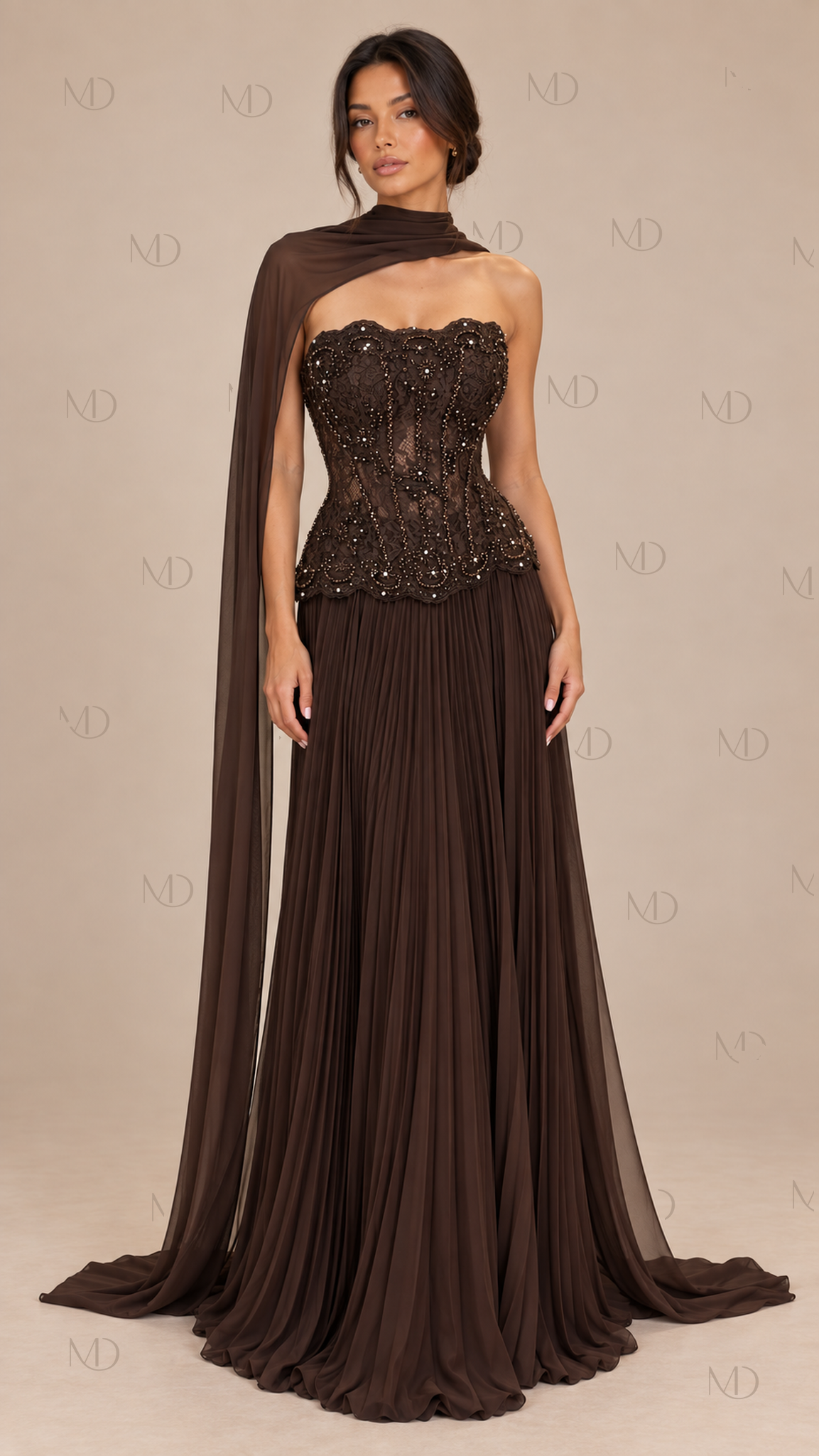 Delphine Beaded Corset Skirt Set — Dark Brown model front