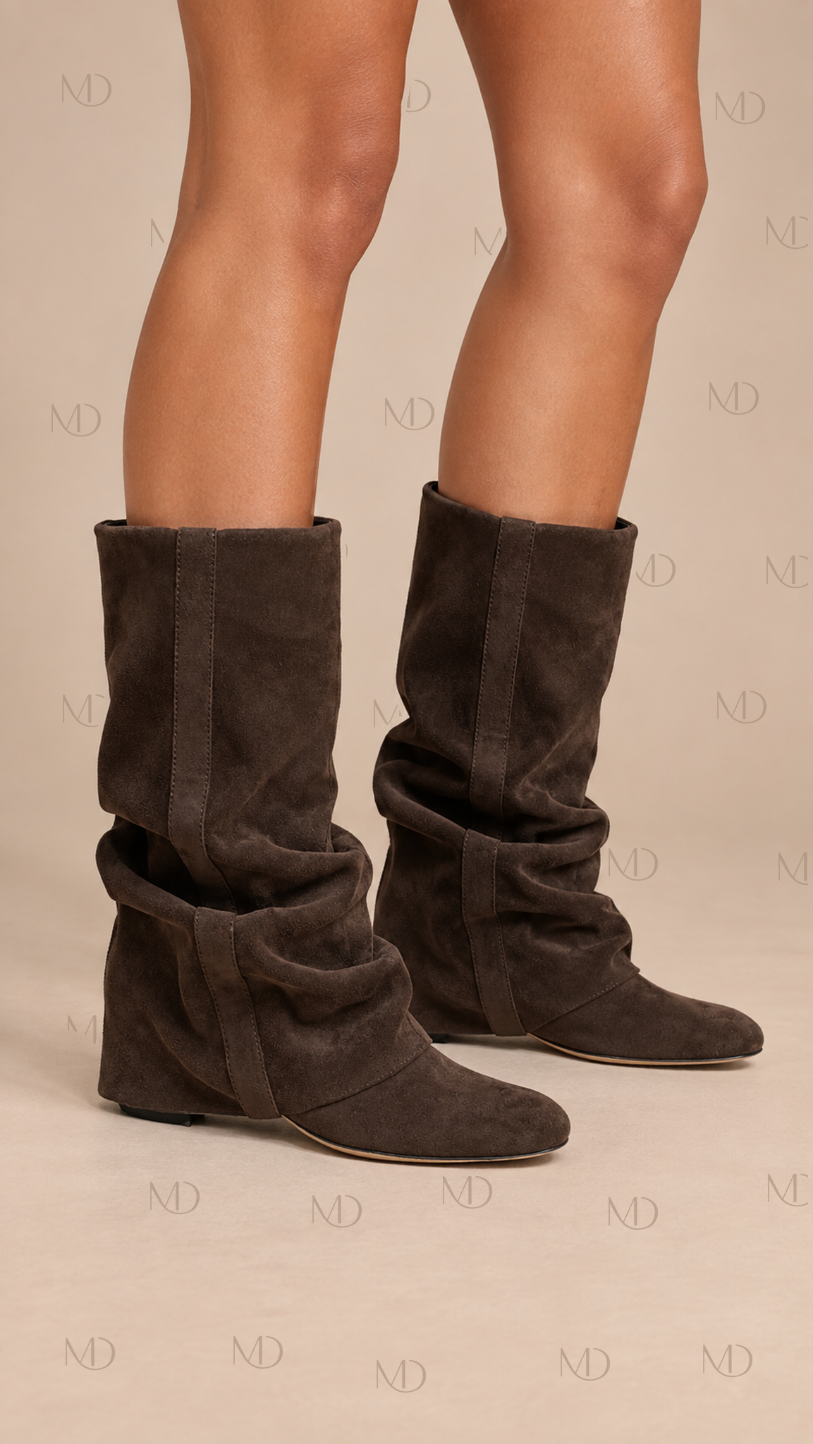 Remi Slouchy Suede Boots — Dark Brown worn closeup
