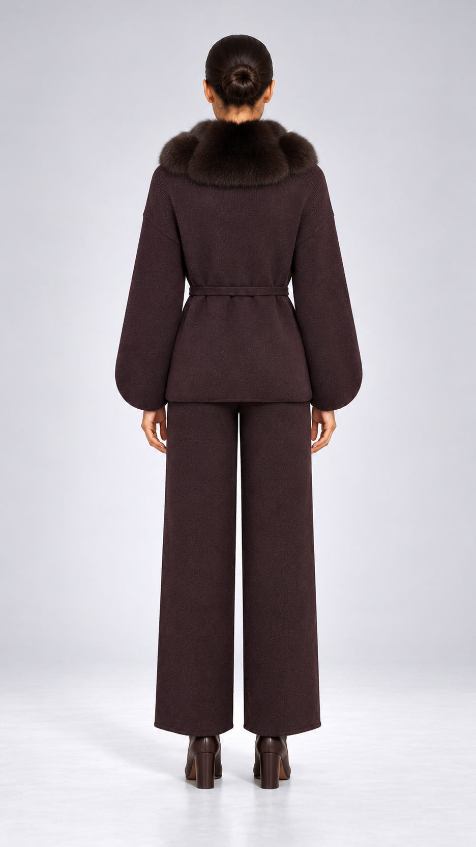 Margit Fox-Collar Knit Set — Dark Coffee + Deep Coffee model back