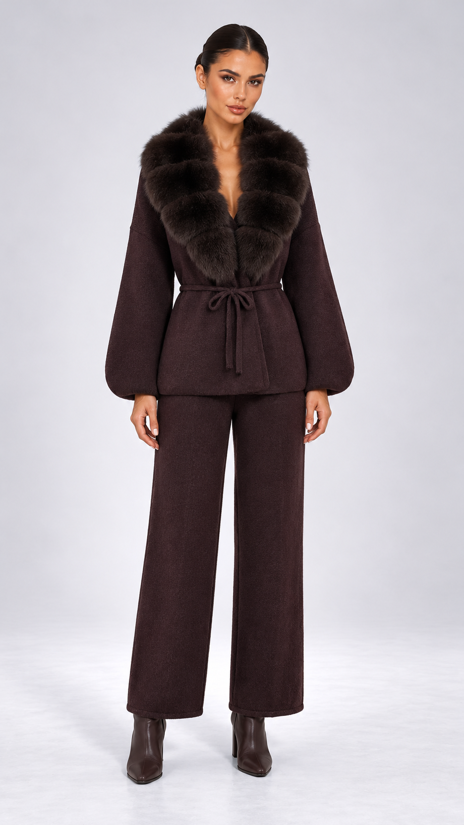 Margit Fox-Collar Knit Set — Dark Coffee + Deep Coffee model front