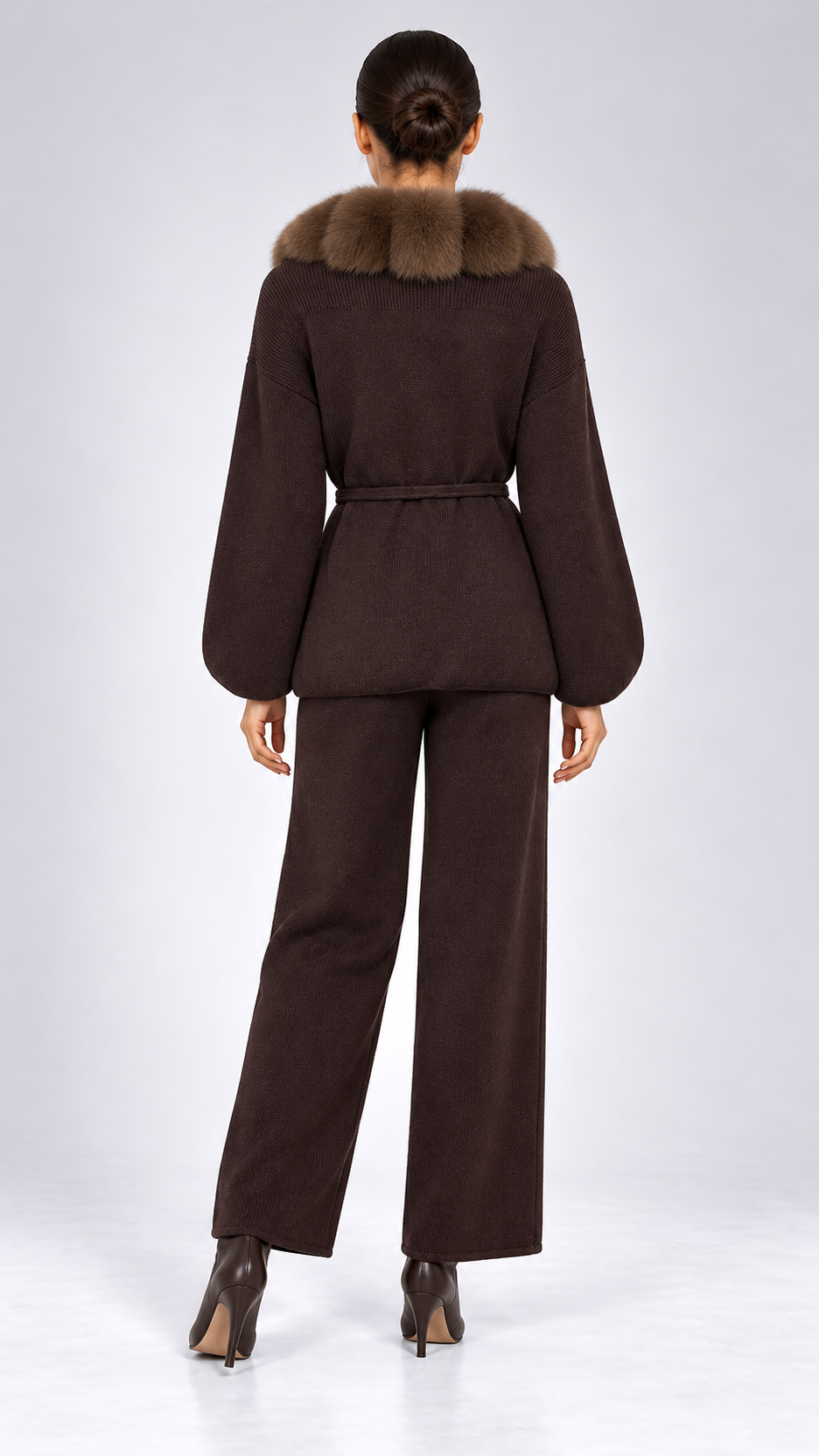 Margit Fox-Collar Knit Set — Dark Coffee + Light Coffee model back