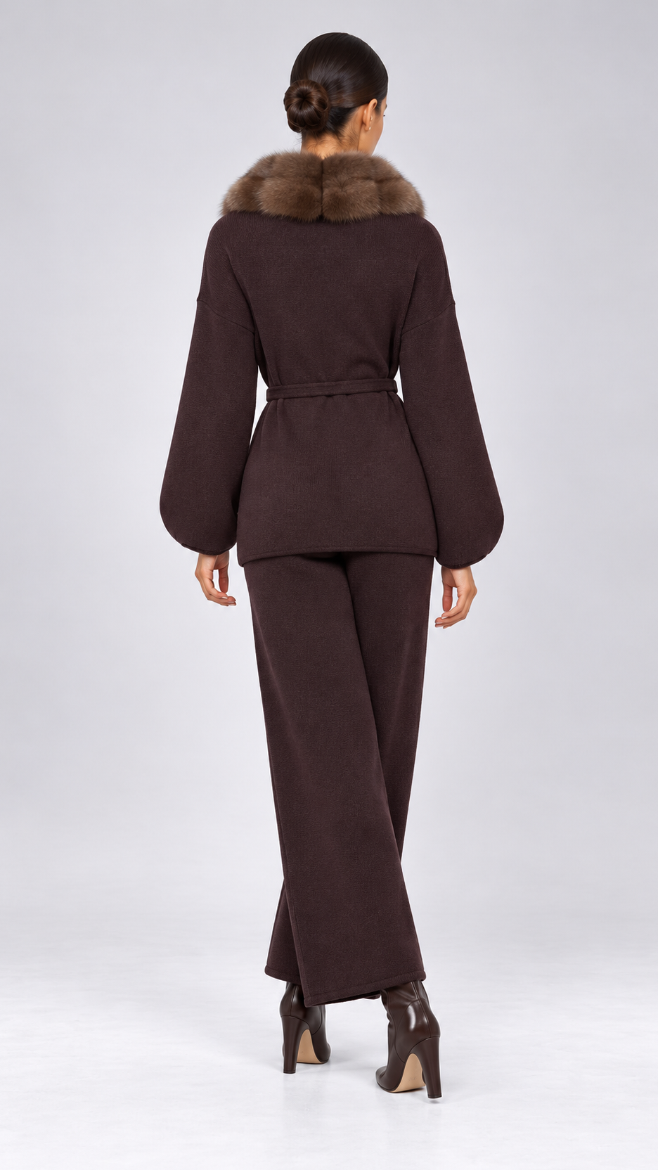 Margit Fox-Collar Knit Set — Dark Coffee + Mink model back