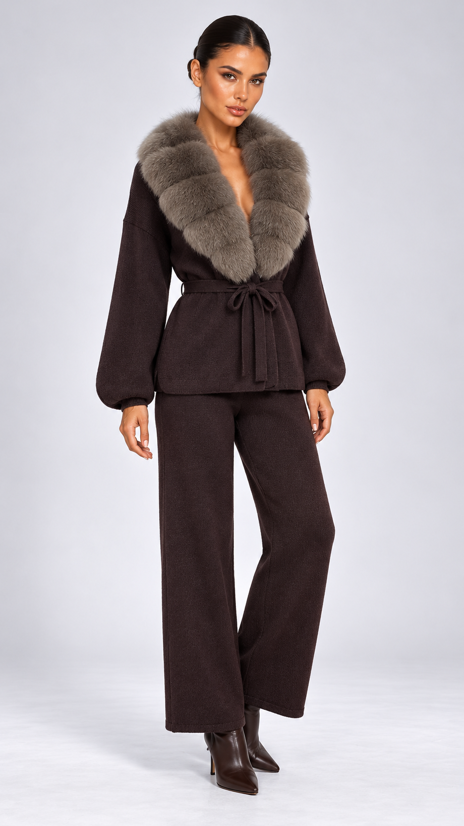 Margit Fox-Collar Knit Set — Dark Coffee + Mocha Gray model front