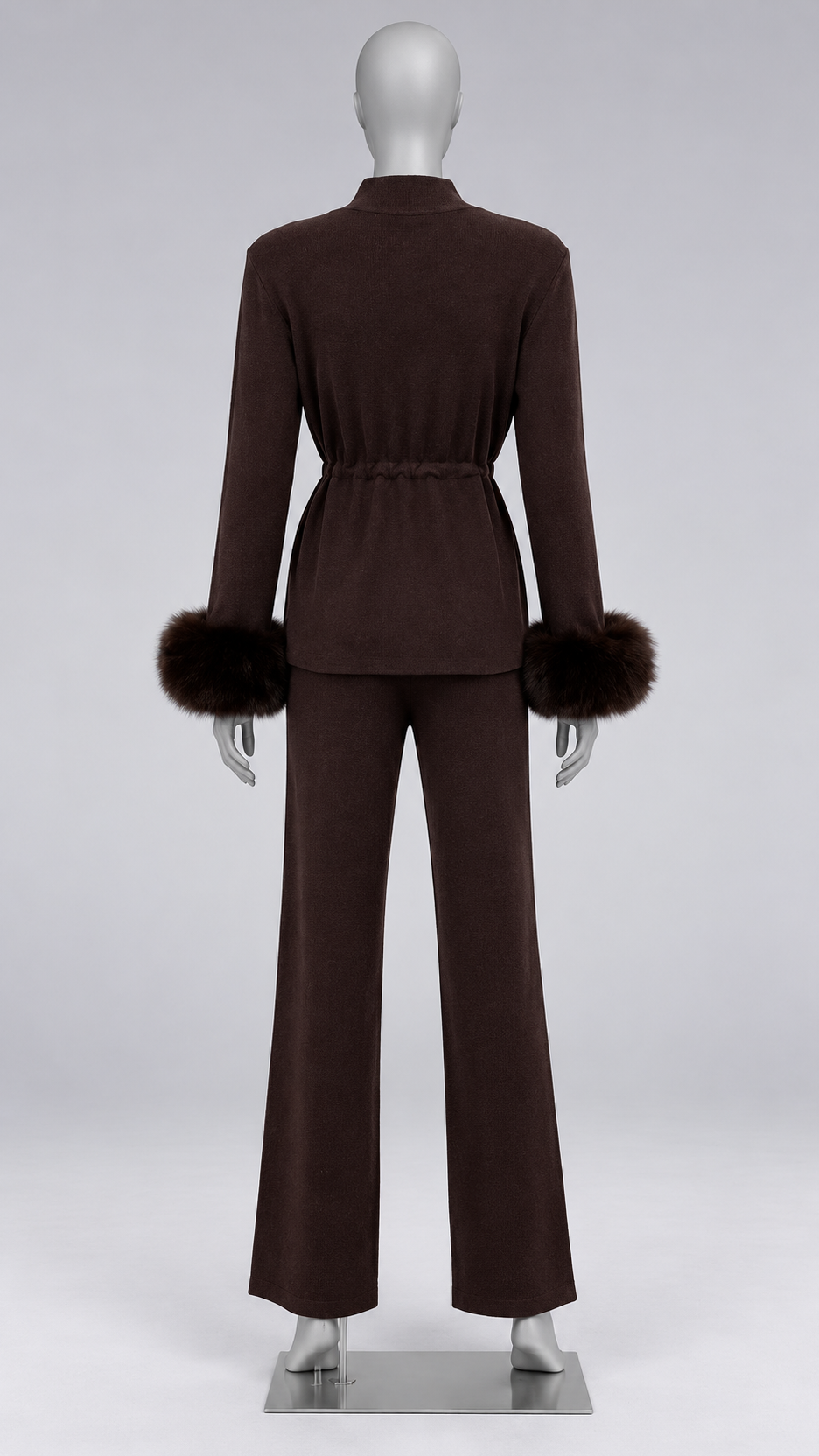 Solveig Tie-Waist Fur Set — Dark coffee mannequin back