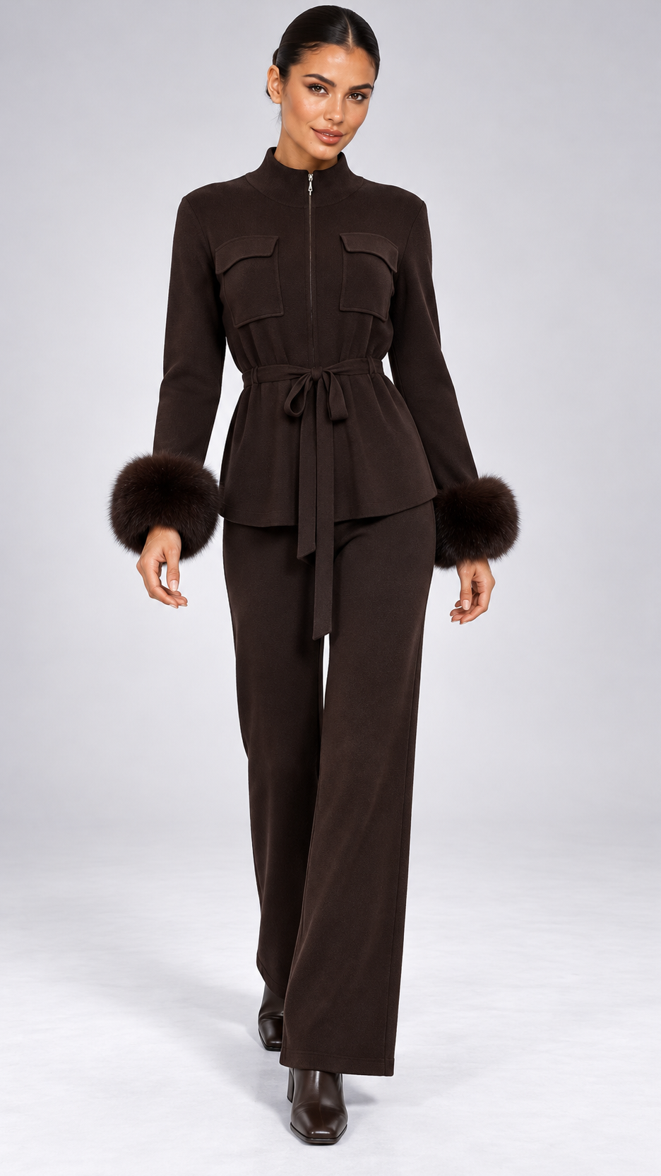 Solveig Tie-Waist Fur Set — Dark coffee model front