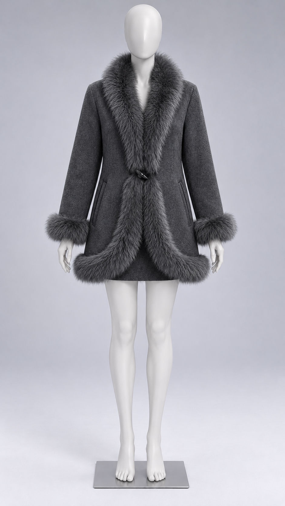 Sabine Fox-Cuff Wool Coat — Dark Gray mannequin front