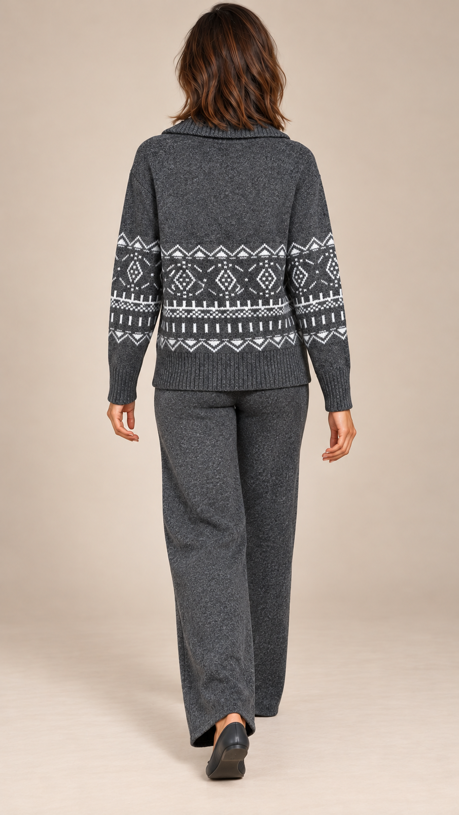 Ingeline Fair Isle Knit Set — Dark Gray model back