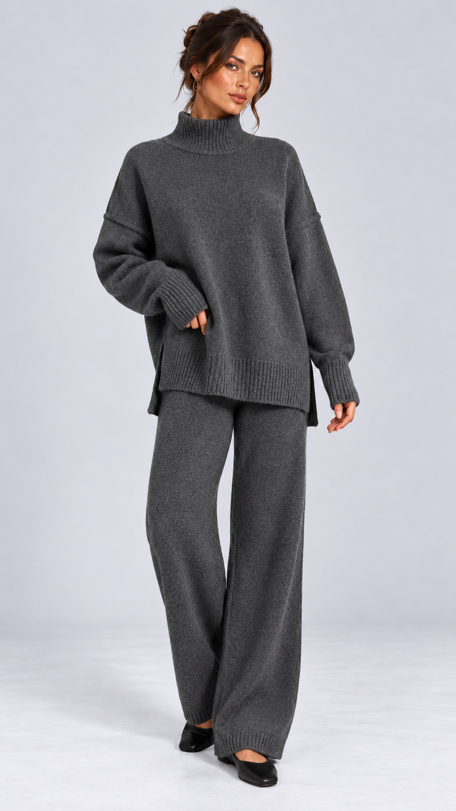 Iolanthe Split-Hem Knit Set — Dark Gray model front