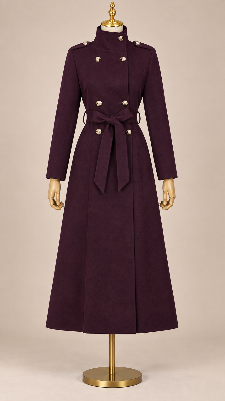 Vesper Belted Trench Coat — Dark purple mannequin front