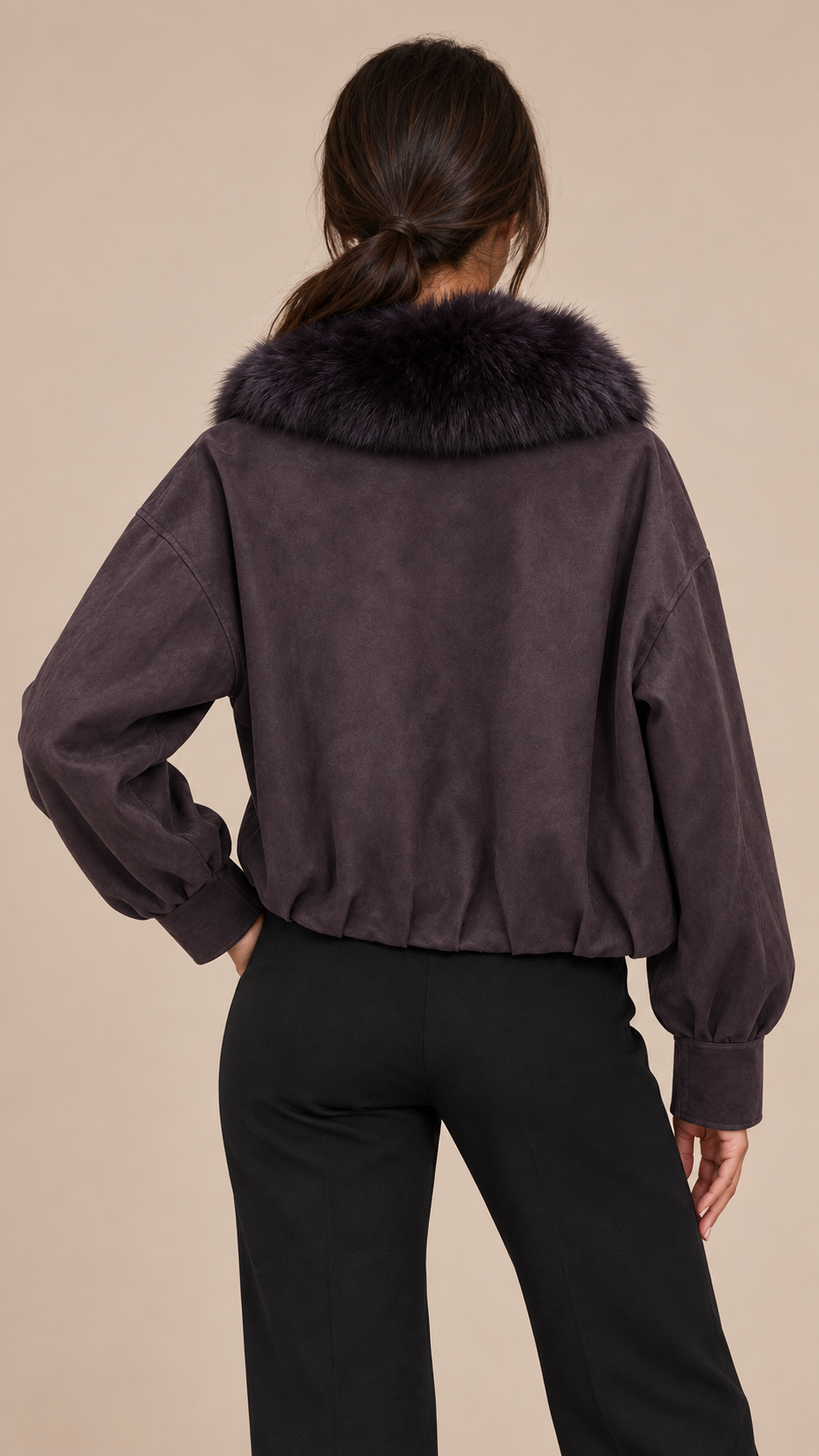 Ines Fox Fur Moto Jacket — Dark purple model back