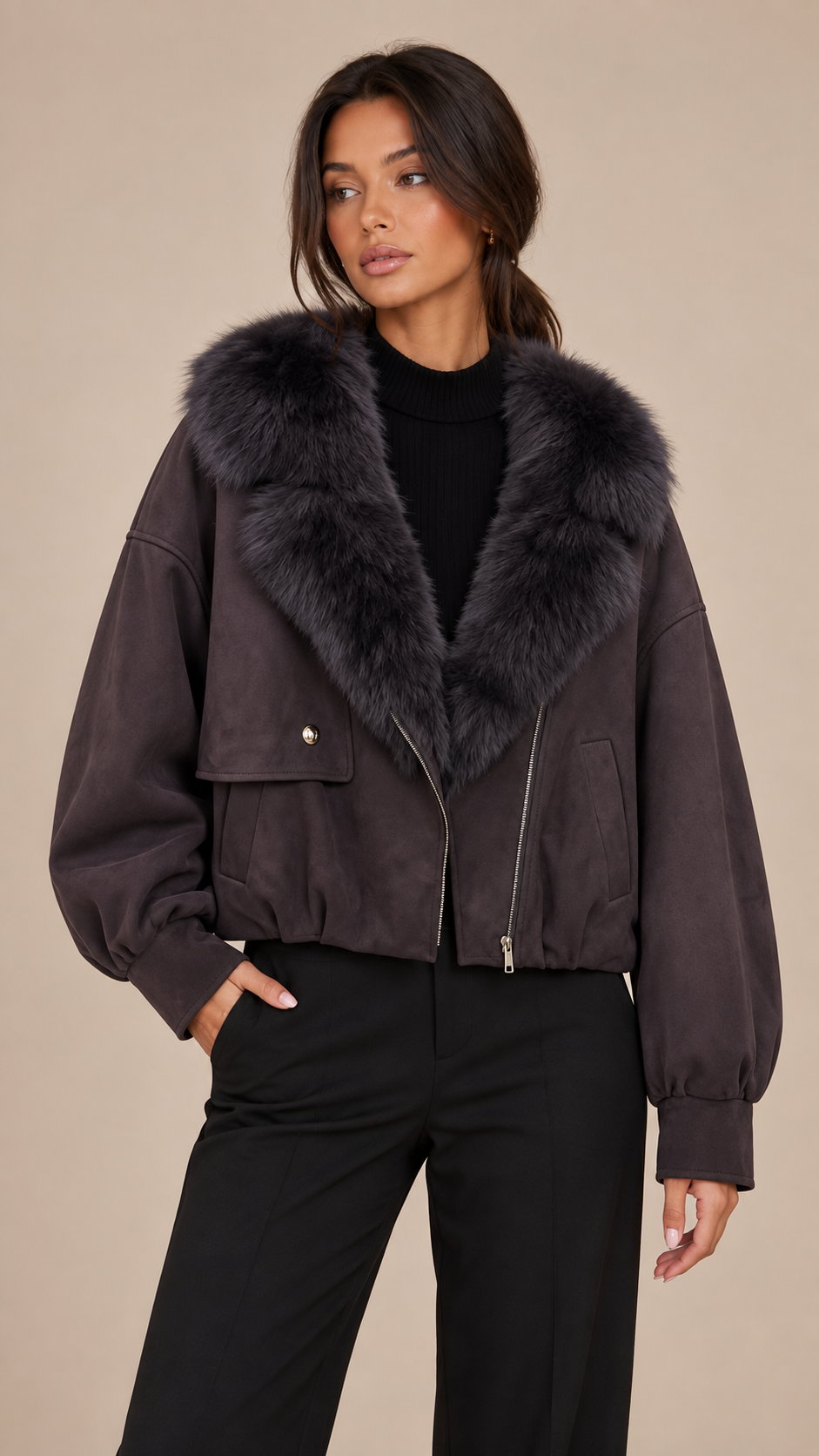 Ines Fox Fur Moto Jacket — Dark purple model front