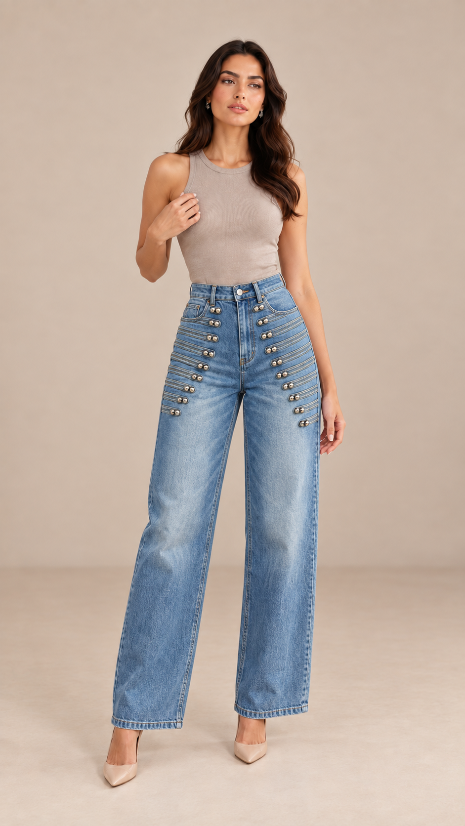 Elowen Studded Wide Jeans — Denim Blue model front