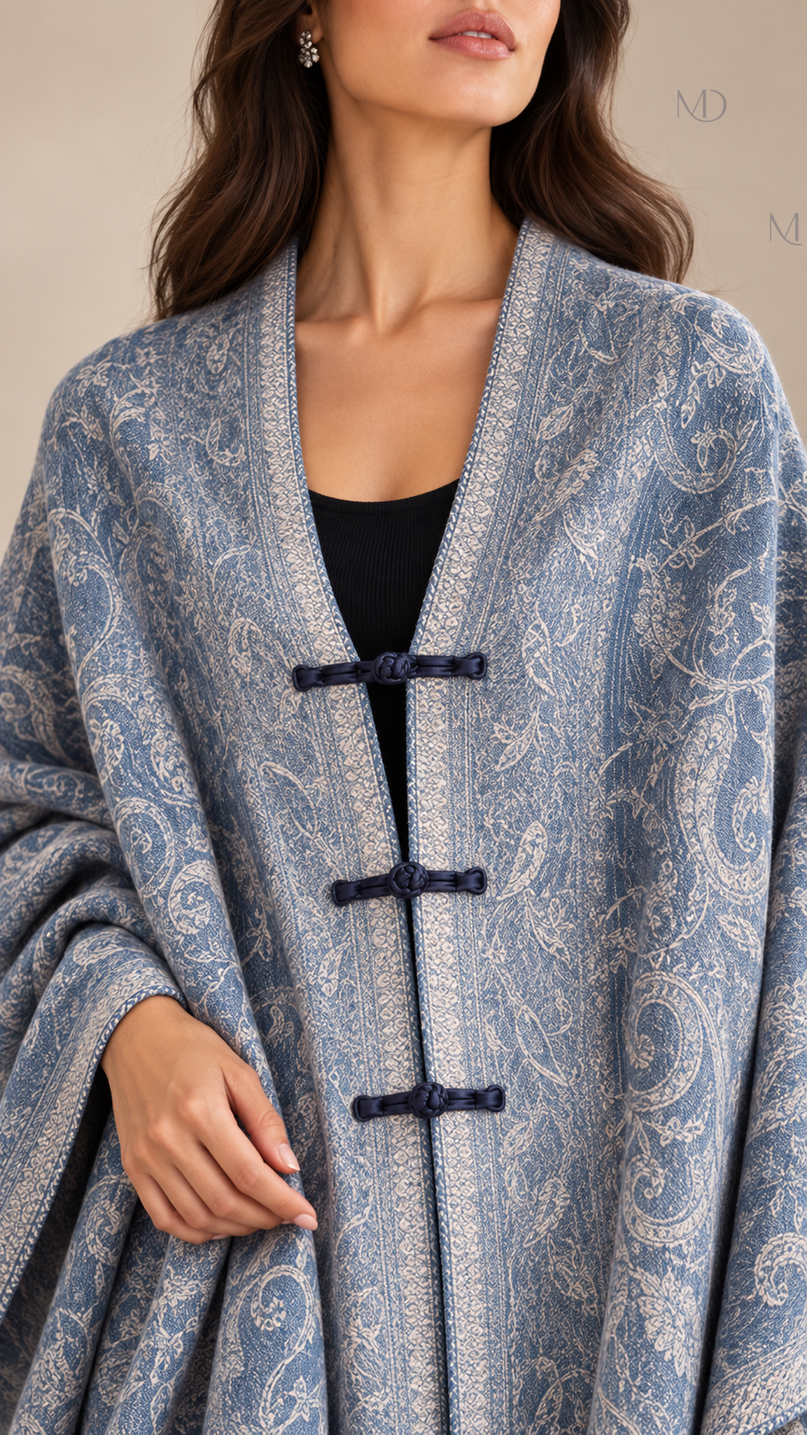 Meiling Paisley Frog-Button Shawl — Denim Blue worn closeup