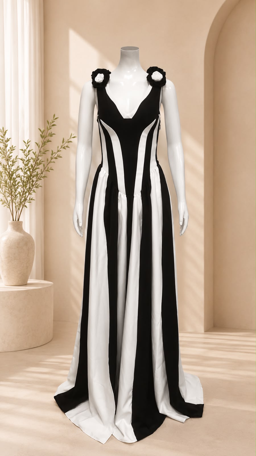 Striped Rosette Strap High-Slit Bandage Maxi Dress