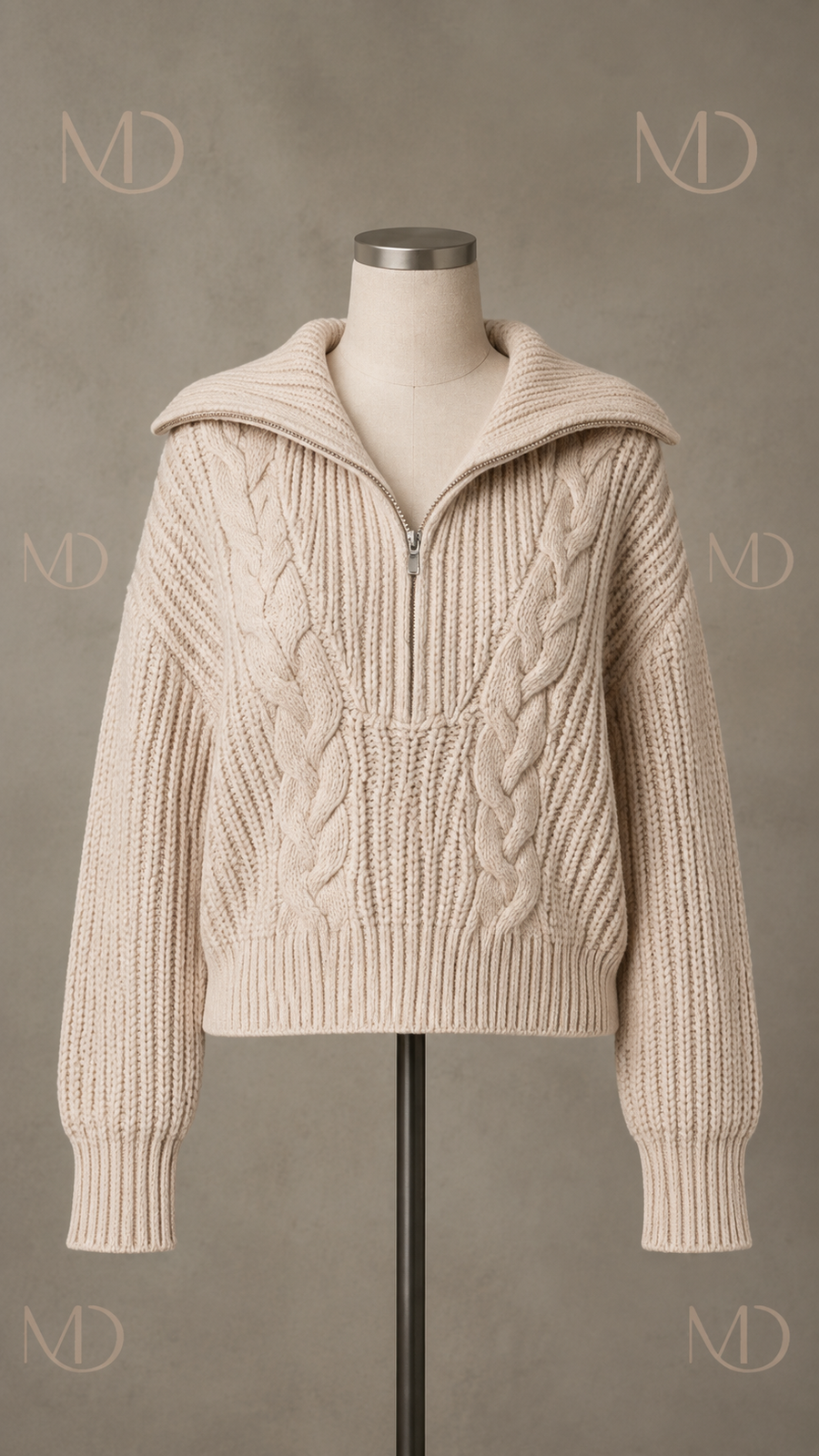 Elise Cable Zip Sweater khaki front