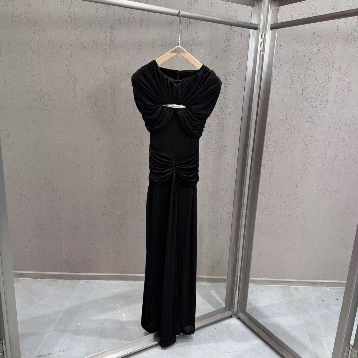 Elodie Ruched Mesh Column Maxi Dress