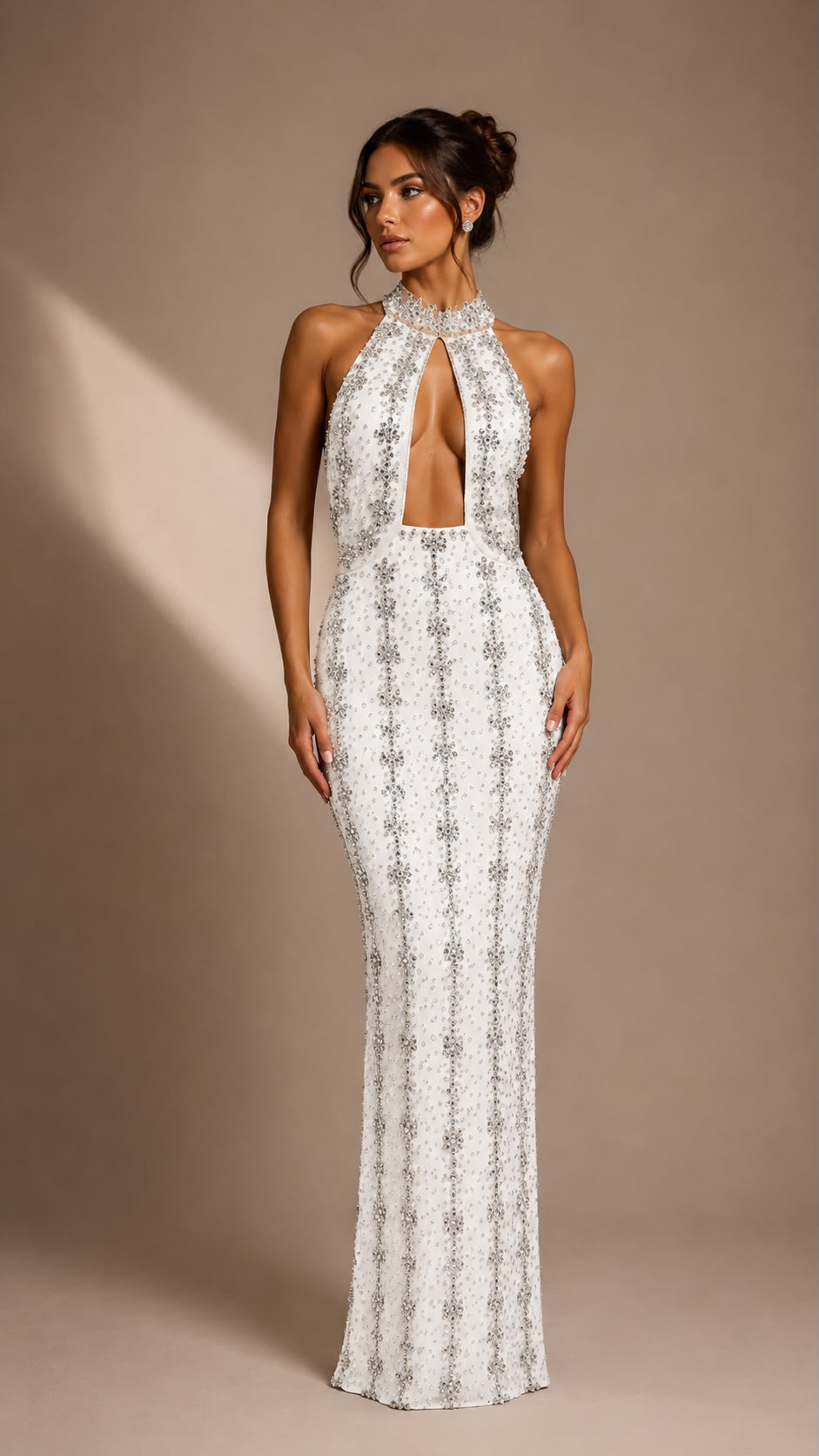 Crystal Beaded Halter Keyhole Gown