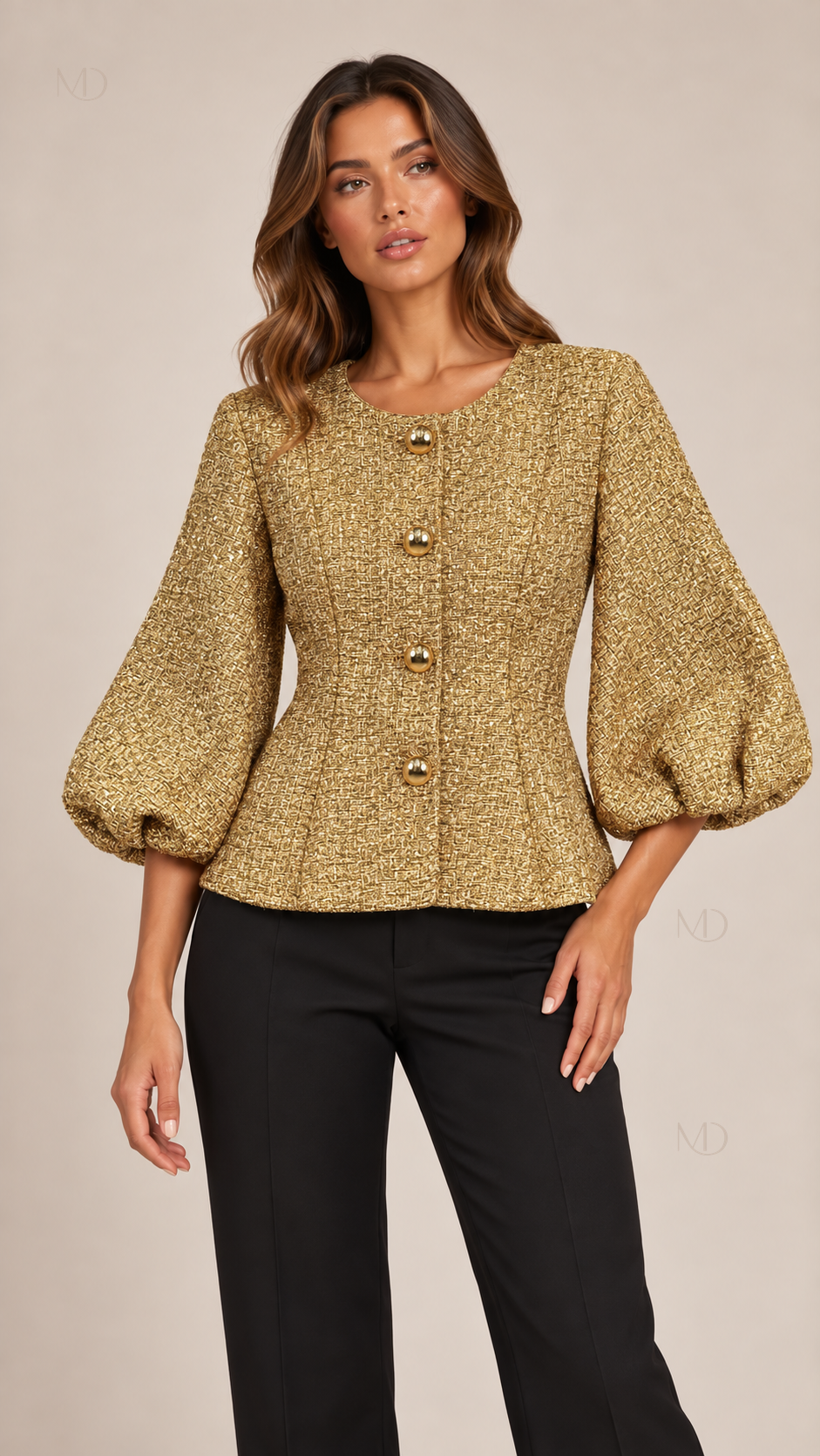 Colette Sequin Tweed Jacket — Gold model front