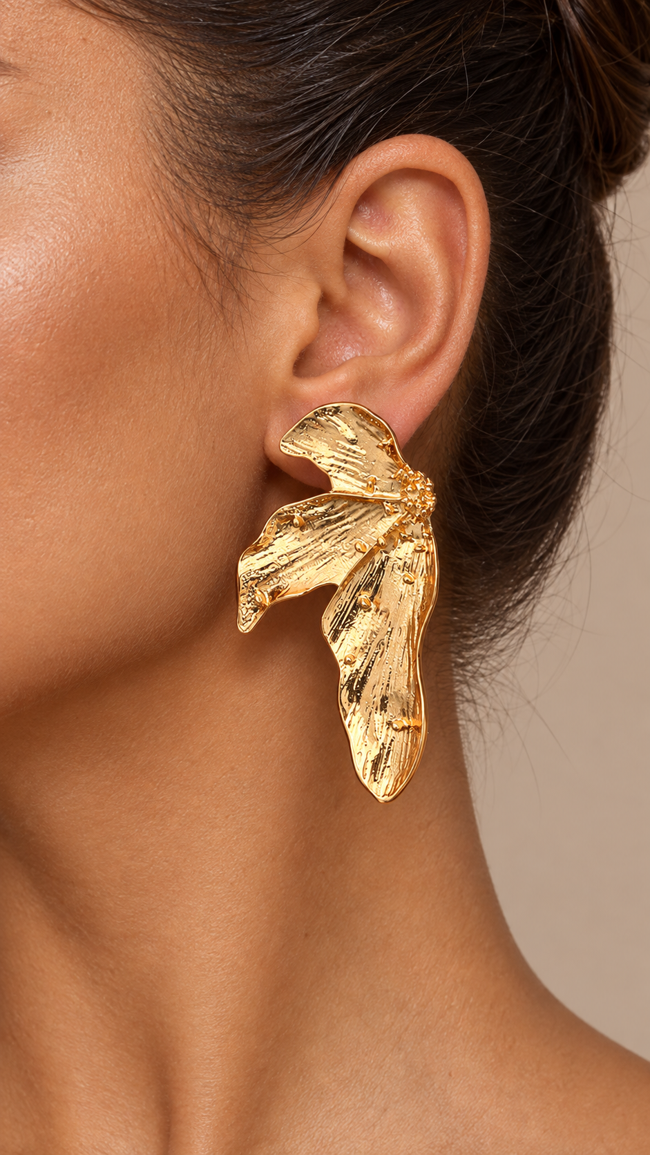 Fleur Leaf Drop Earrings — Gold worn closeup