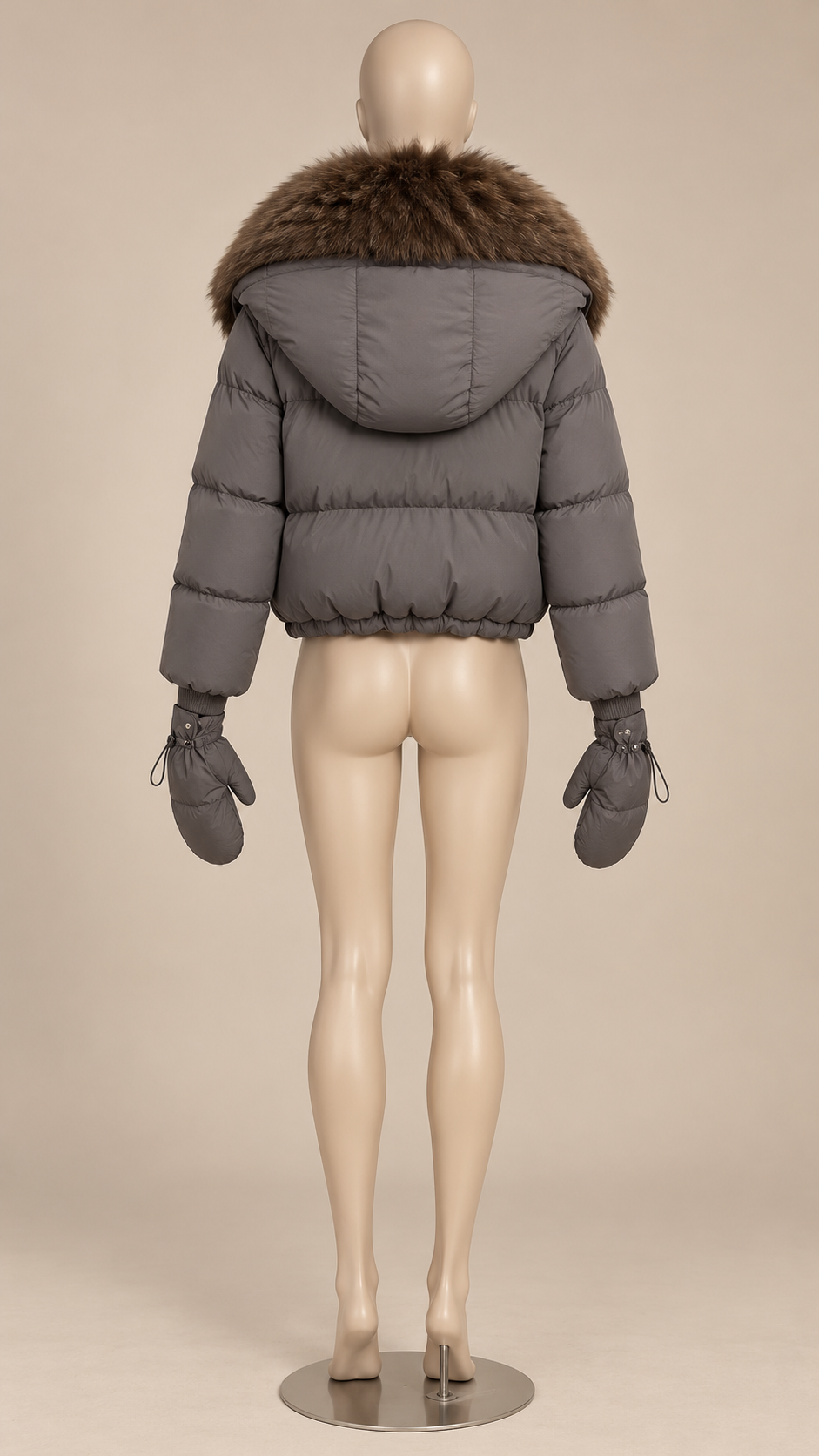 Anastasia Fox-Stole Hooded Puffer — Gray & Coffee mannequin back
