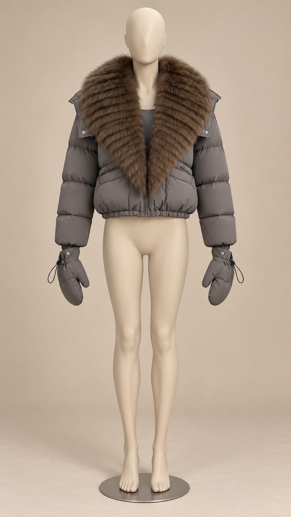 Anastasia Fox-Stole Hooded Puffer — Gray & Coffee mannequin front